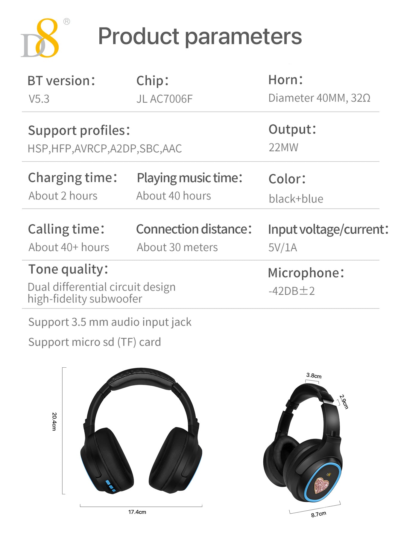 D8 Wireless  Headphones Over-Ear, with Microphone, 3.5MM Wired Stereo Headset Micro SD/TF, PC,Soft Earmuffs &Light Weight for Prolonged Wearing,Deep Bass for Home Office Cellphone PC Ect. Holiday Gift Valentine's Day Gift Christmas Gifts,Must-Haves