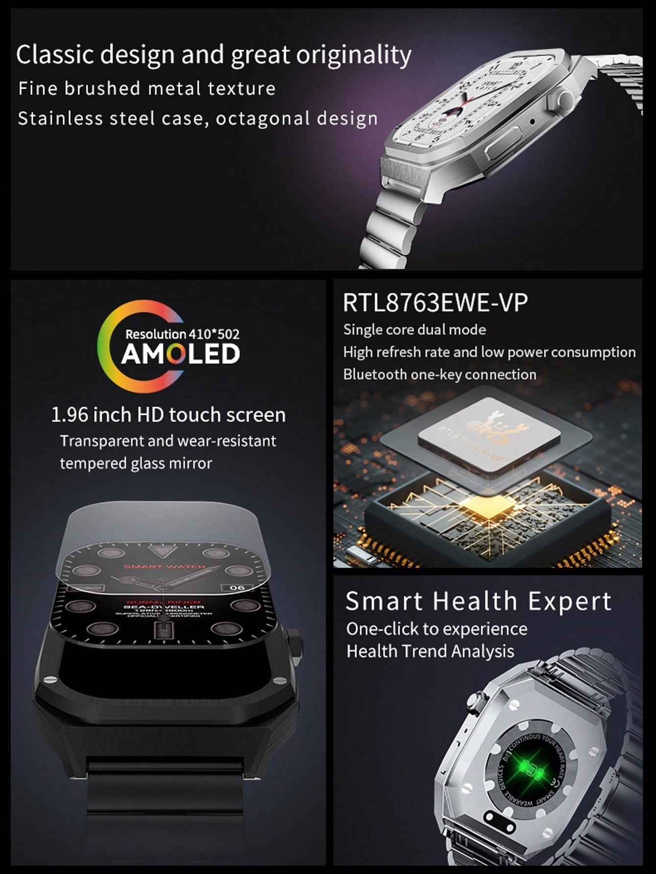 D8 1.96" Smartwatch for Men, Waterproof, 100+ Sports Modes, Fitness Tracker