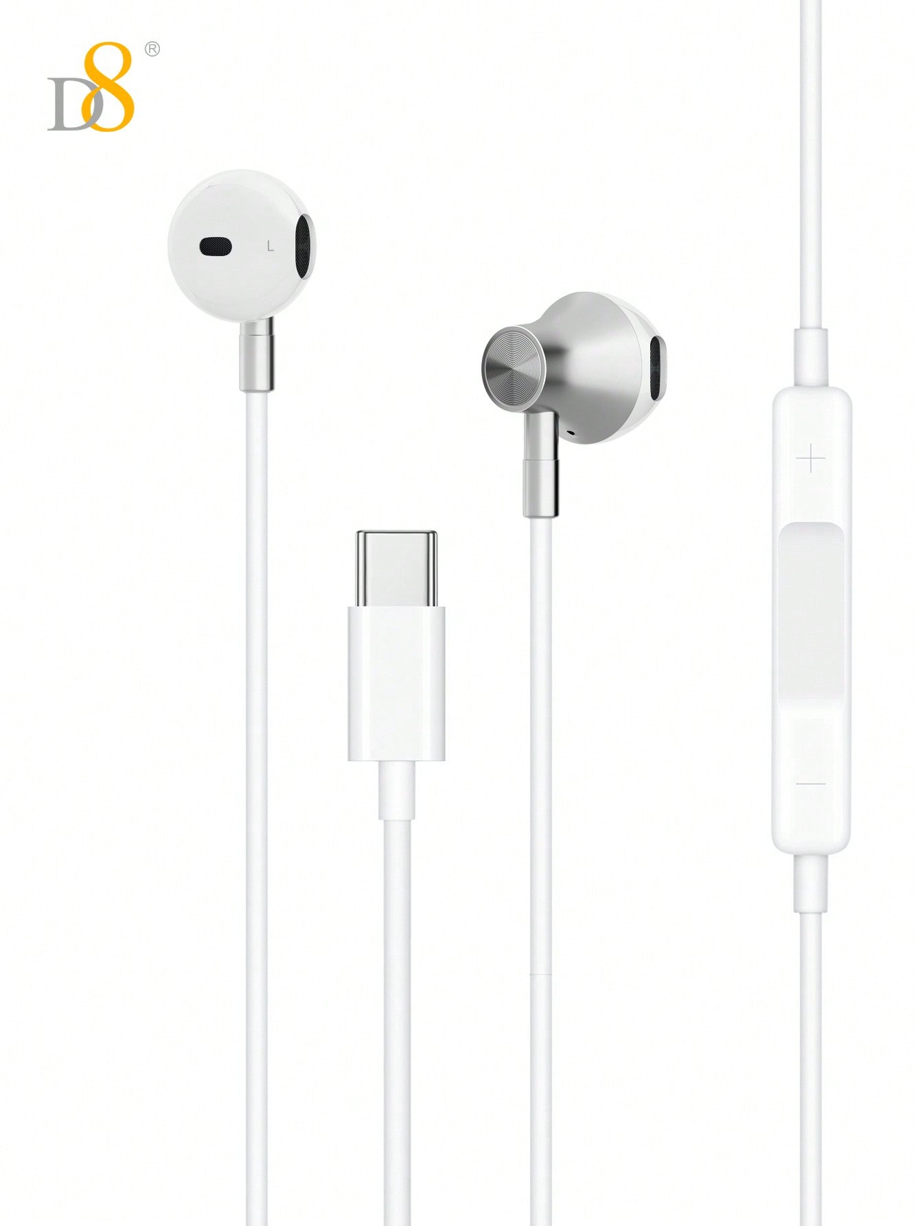 D8 Type C Headphones with Mic & Volume Control - In-Ear Earphones for iPhone 16, iPad Pro, Galaxy & More
