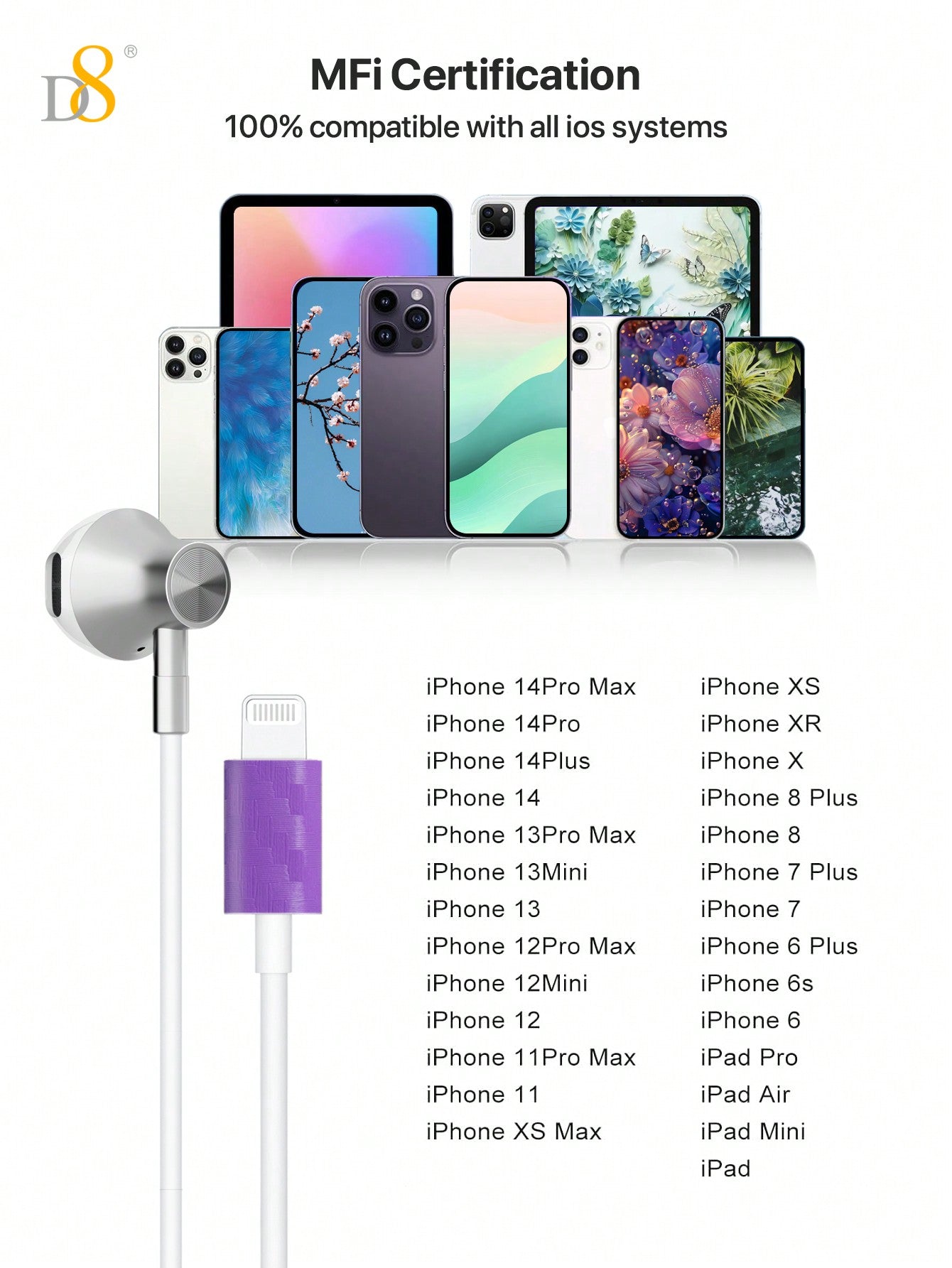 D8 Lightning Connector Headphones with Mic & Remote – MFi Certified Wired Earbuds