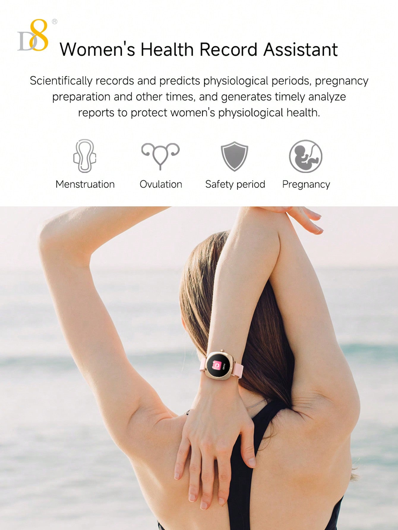 D8 Women's Smartwatch, 1.19", IP67 Waterproof, Calls, 100+ Sports Modes