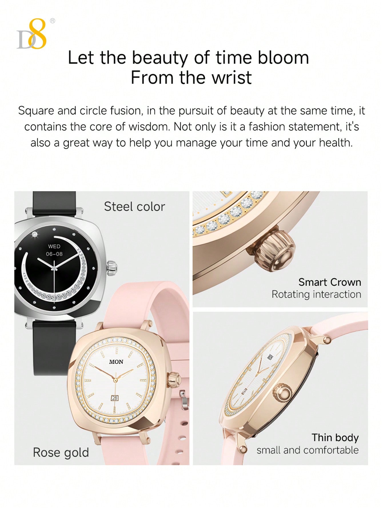 D8 Women's Smartwatch, 1.19", IP67 Waterproof, Calls, 100+ Sports Modes