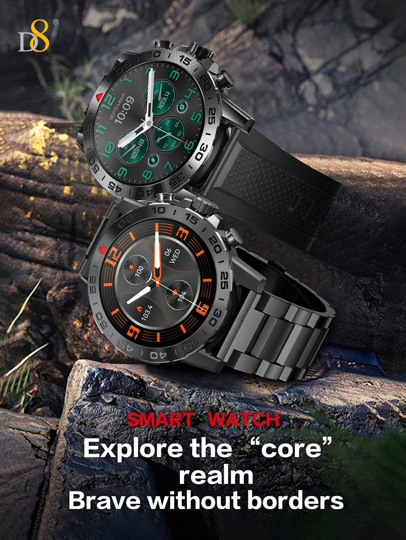 D8 Men's Rugged Smartwatch, 1.39" HD, IP67 Waterproof, 100 Sports Modes