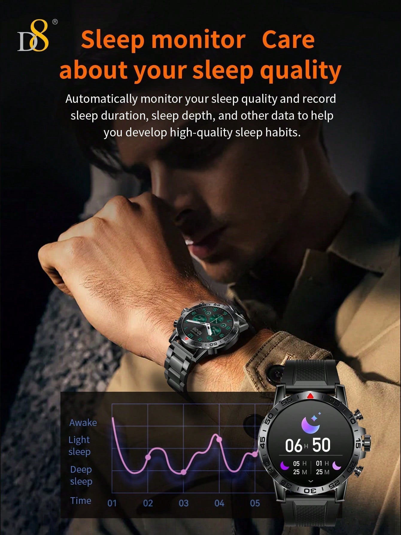 D8 Men's Rugged Smartwatch, 1.39" HD, IP67 Waterproof, 100 Sports Modes
