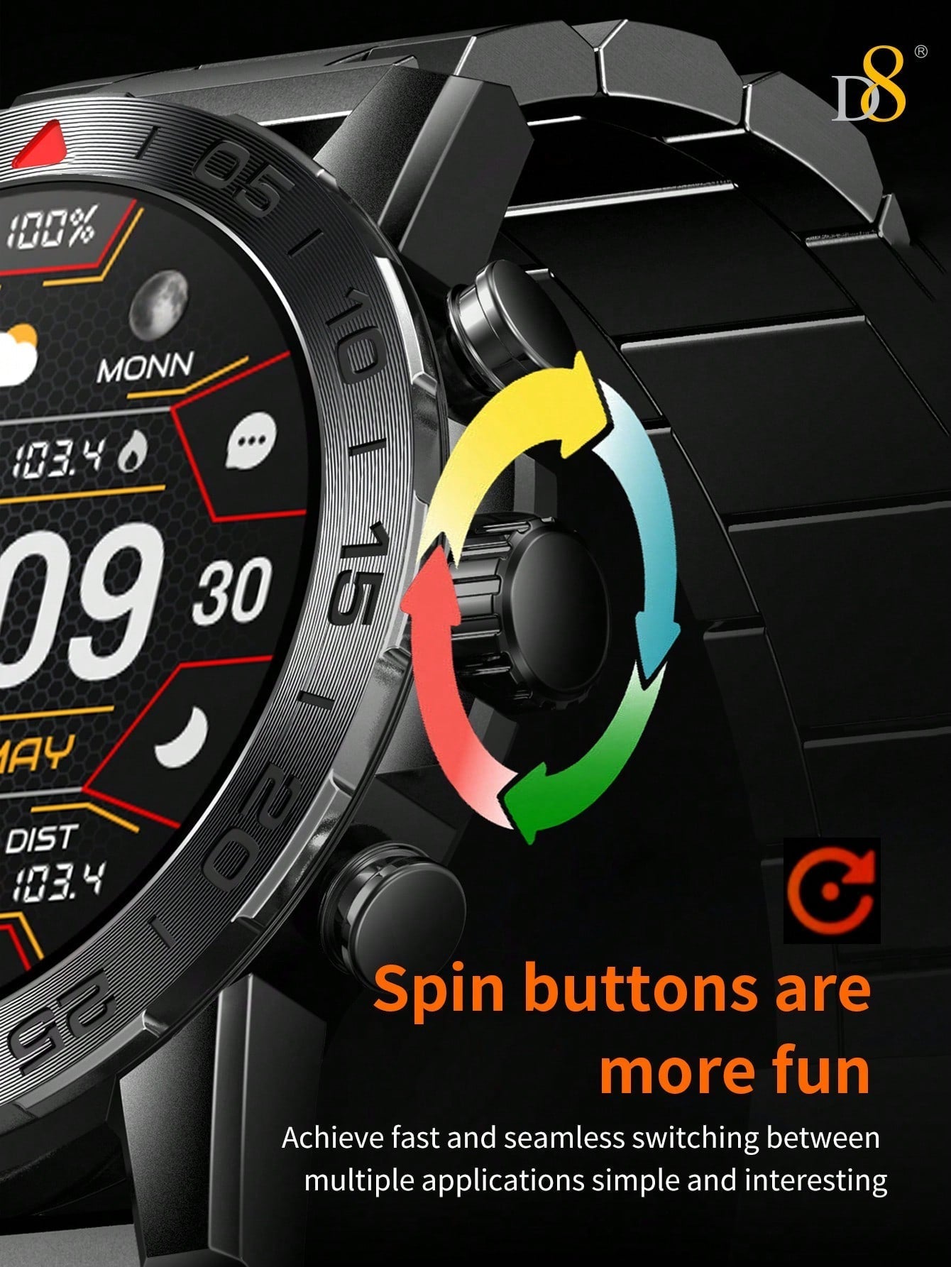 D8 Men's Rugged Smartwatch, 1.39" HD, IP67 Waterproof, 100 Sports Modes