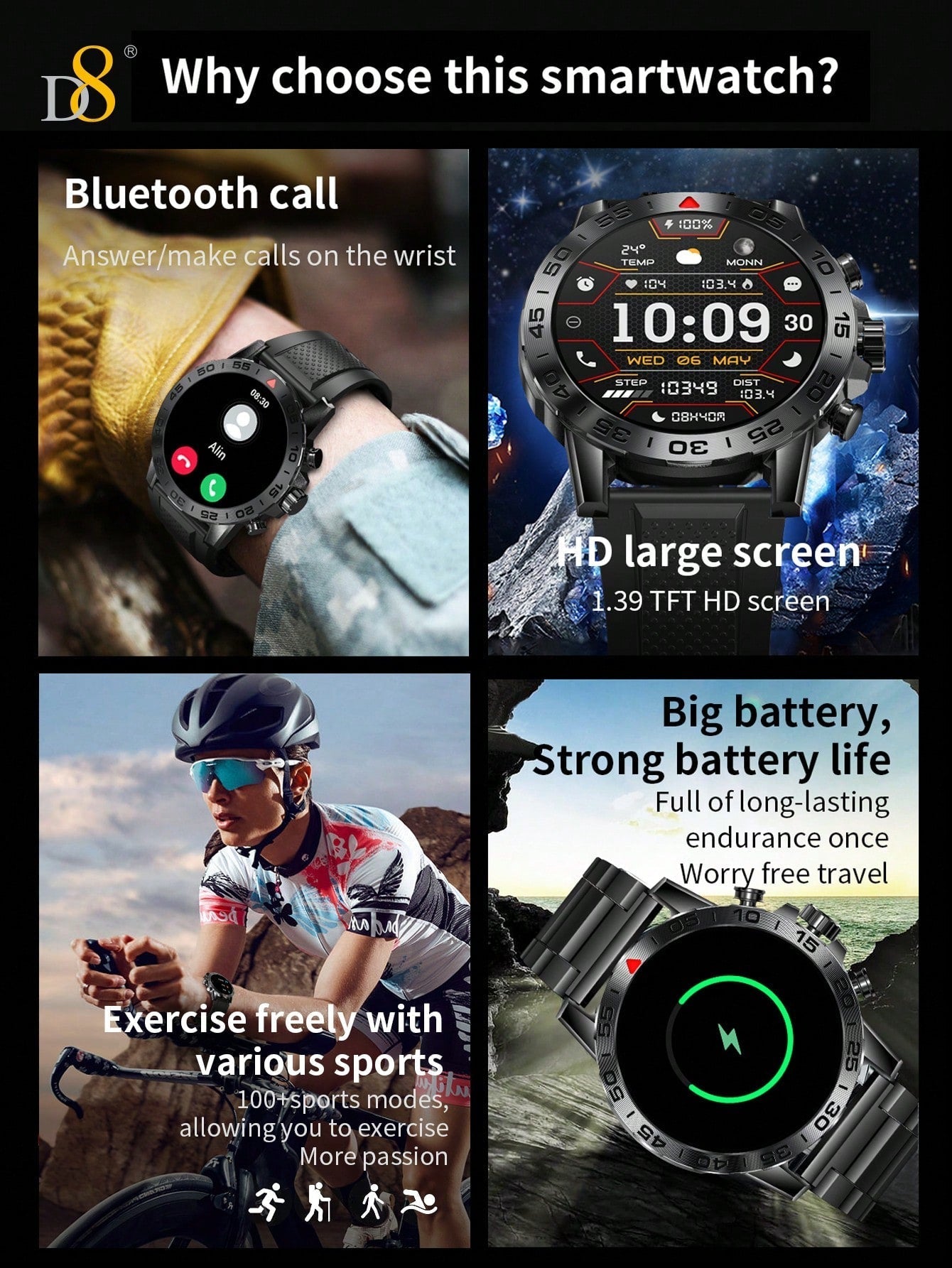 D8 Men's Rugged Smartwatch, 1.39" HD, IP67 Waterproof, 100 Sports Modes