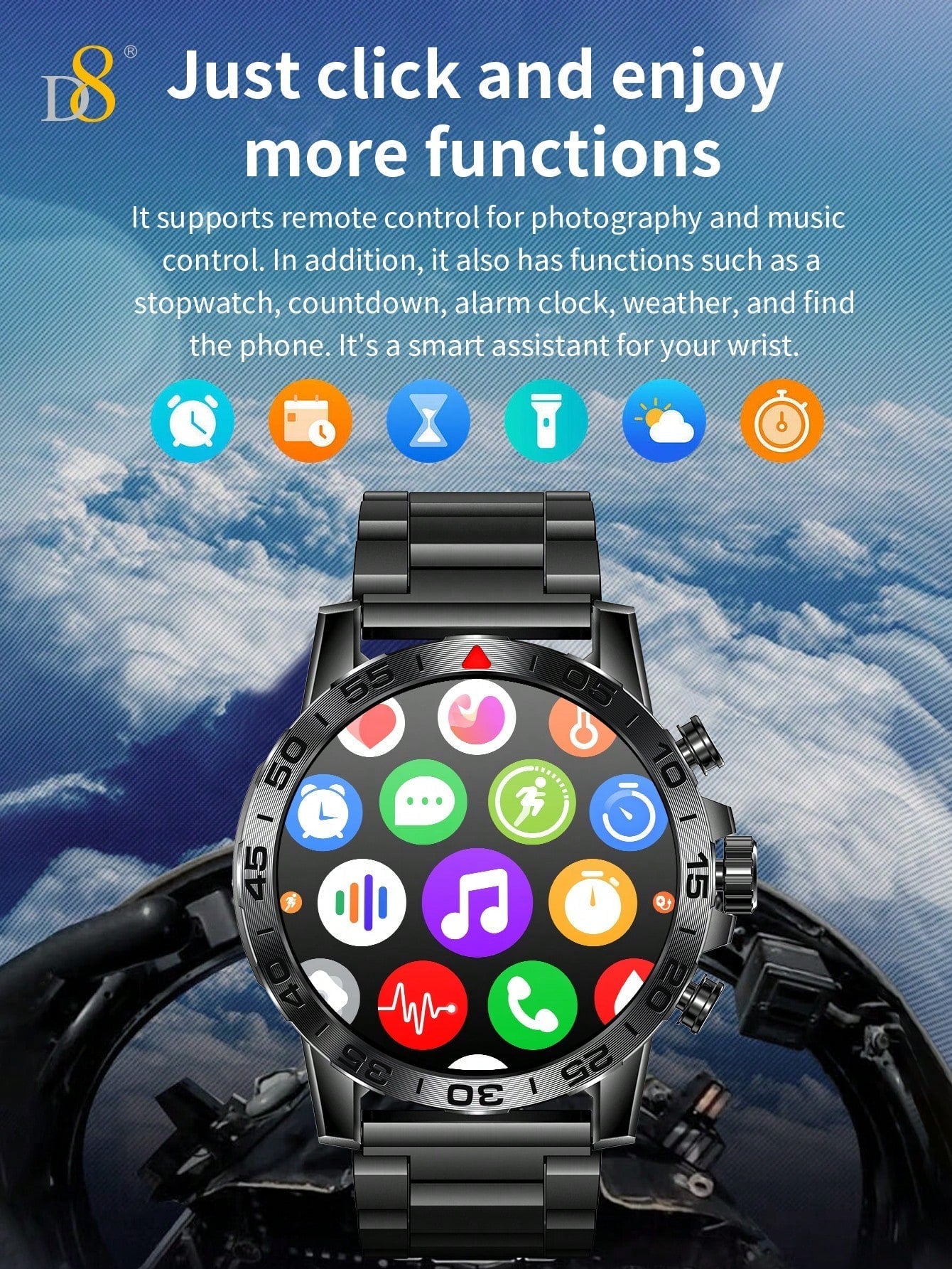 D8 Men's Rugged Smartwatch, 1.39" HD, IP67 Waterproof, 100 Sports Modes