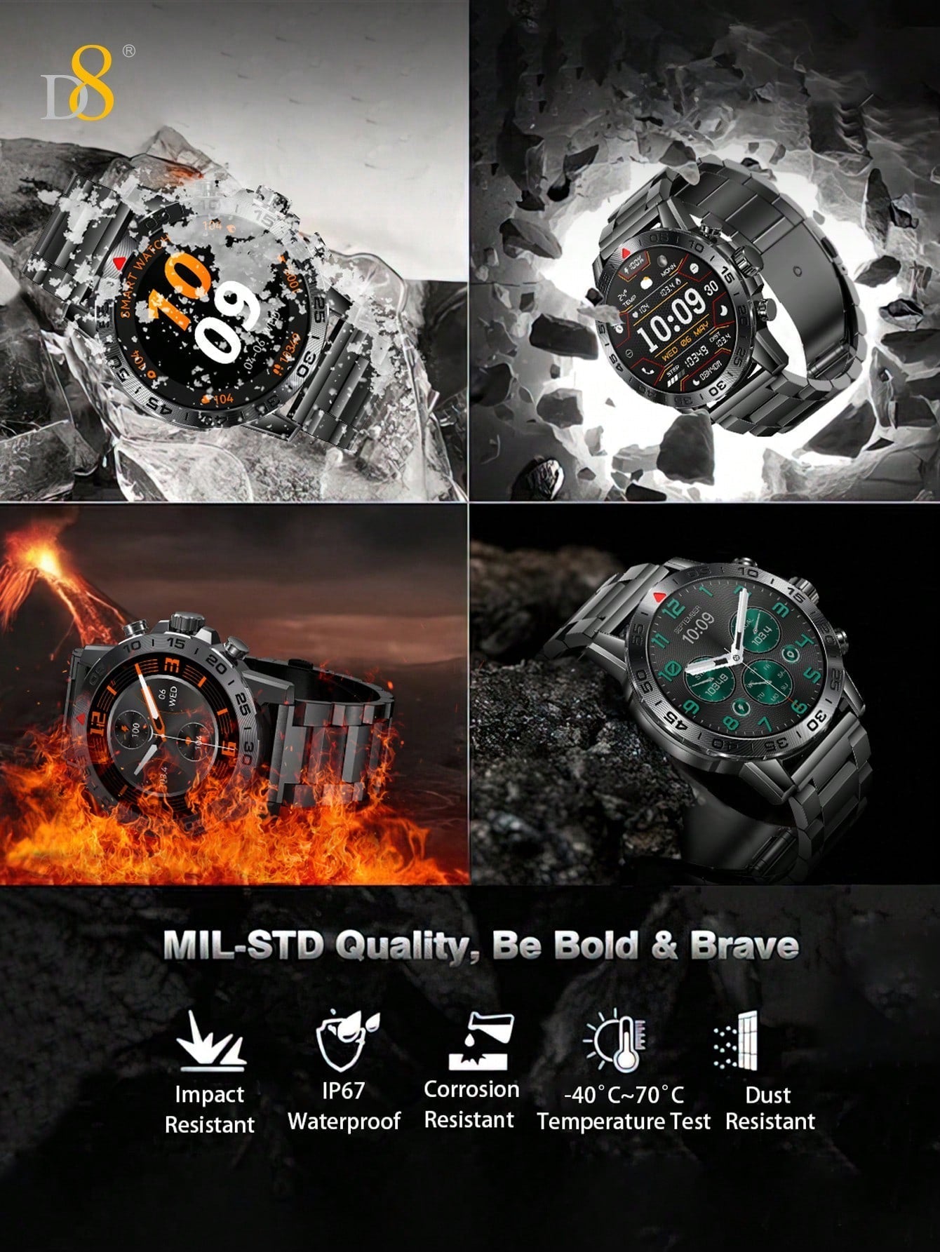 D8 Men's Rugged Smartwatch, 1.39" HD, IP67 Waterproof, 100 Sports Modes