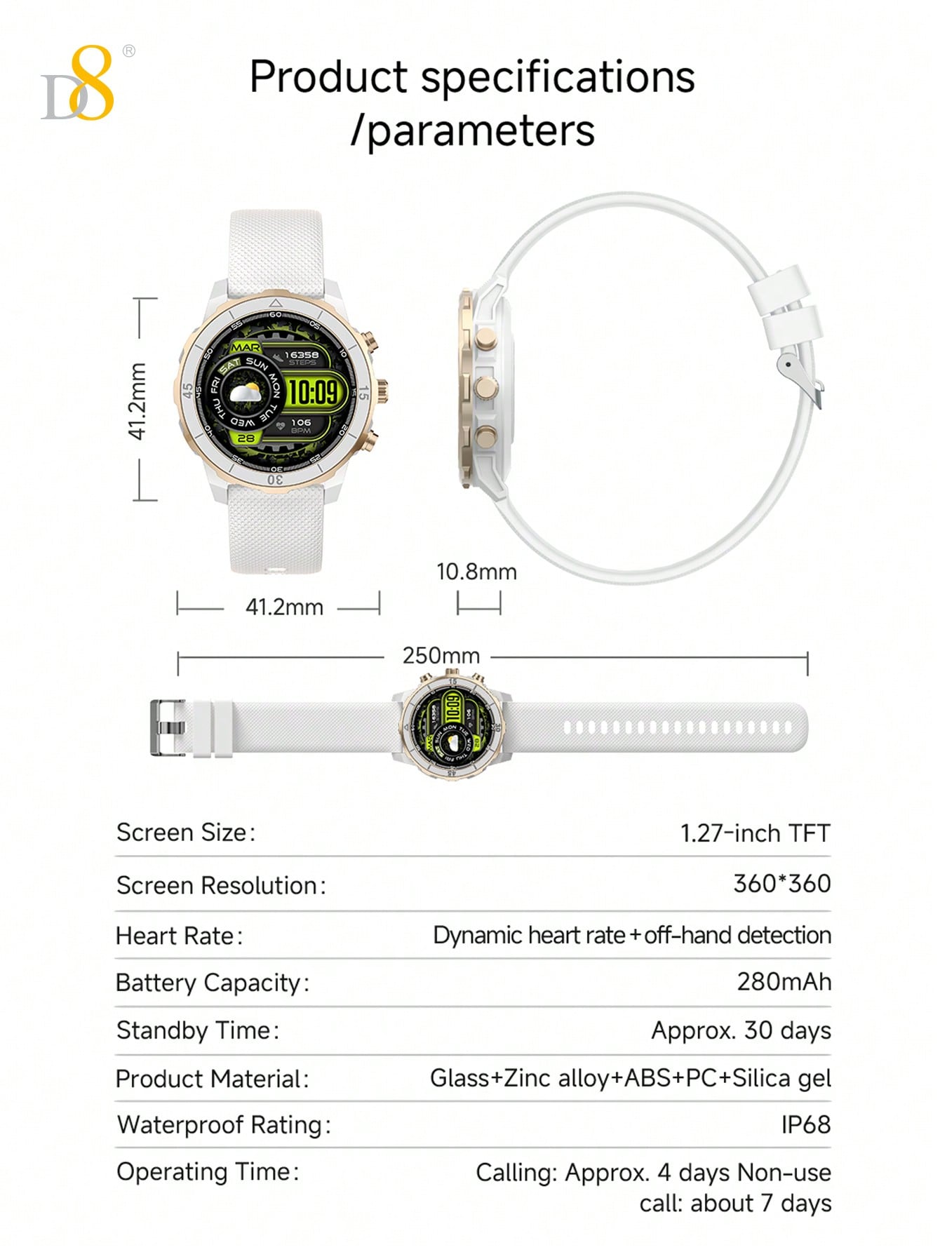 D8 Smartwatch 1.27" IP68 Sports Tracker for Android & iPhone - 100 Modes