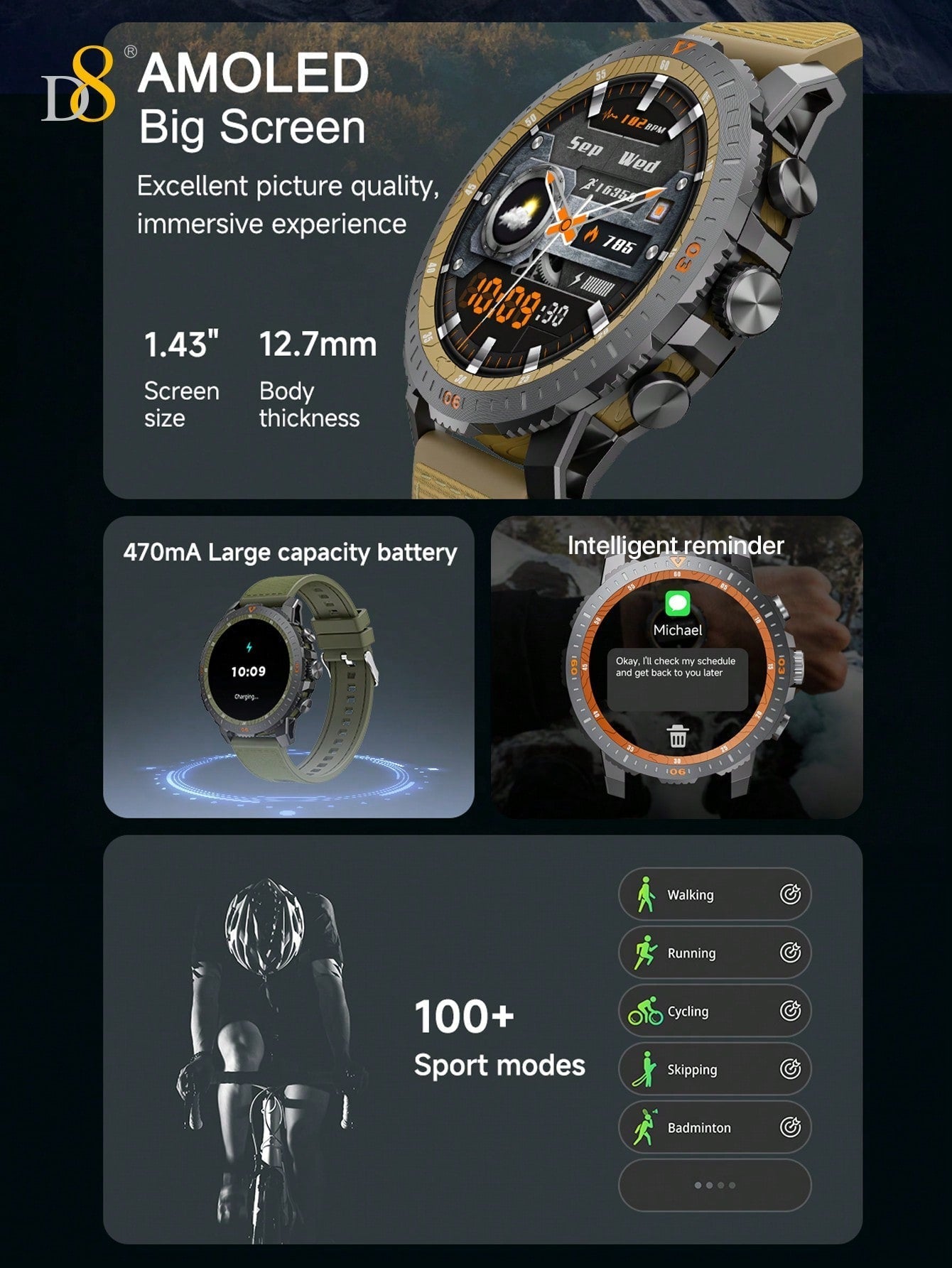 D8 Men's Rugged Smartwatch, 25-Day Battery, 1.43" AMOLED, IP67, 100 Sports