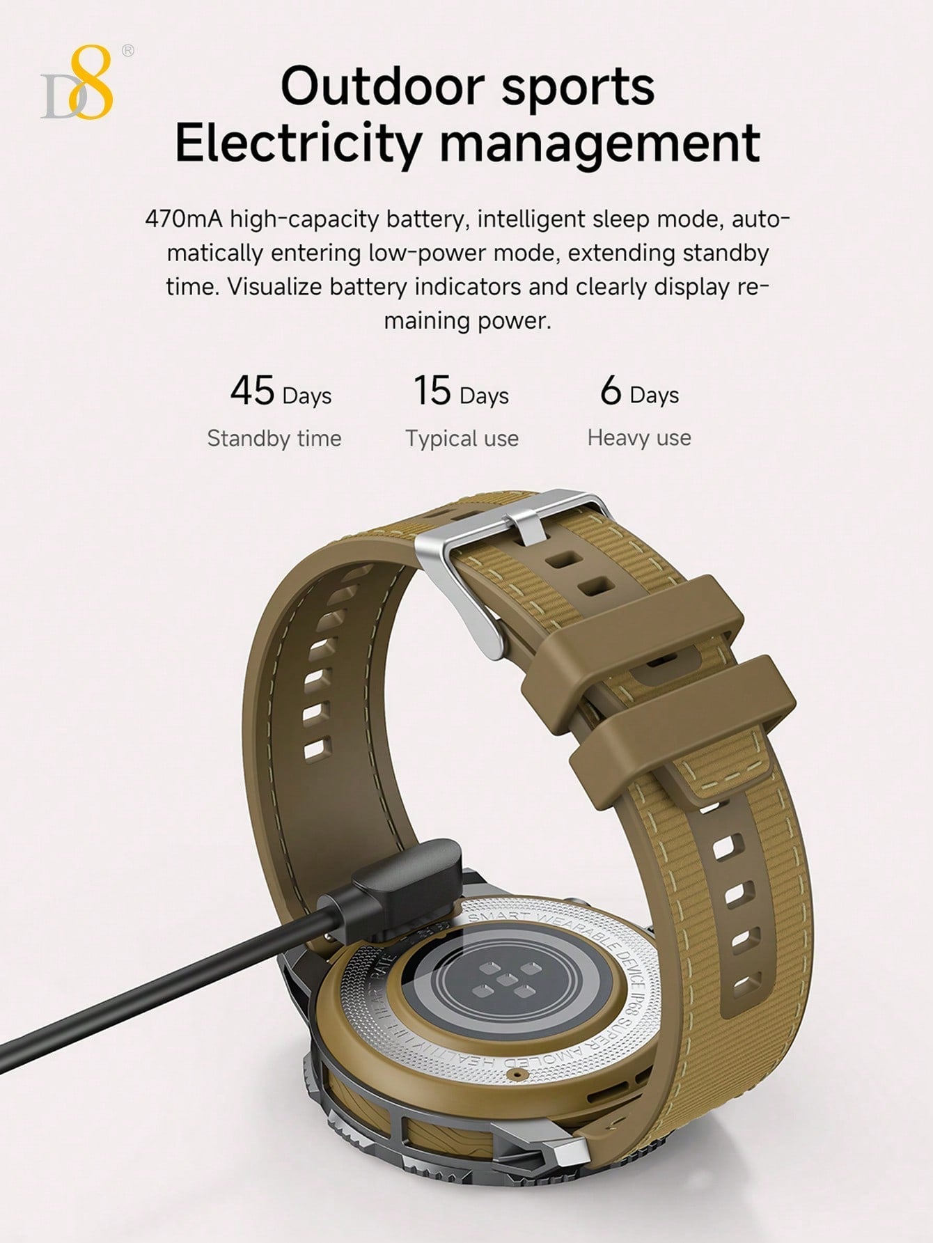 D8 Men's Rugged Smartwatch, 25-Day Battery, 1.43" AMOLED, IP67, 100 Sports