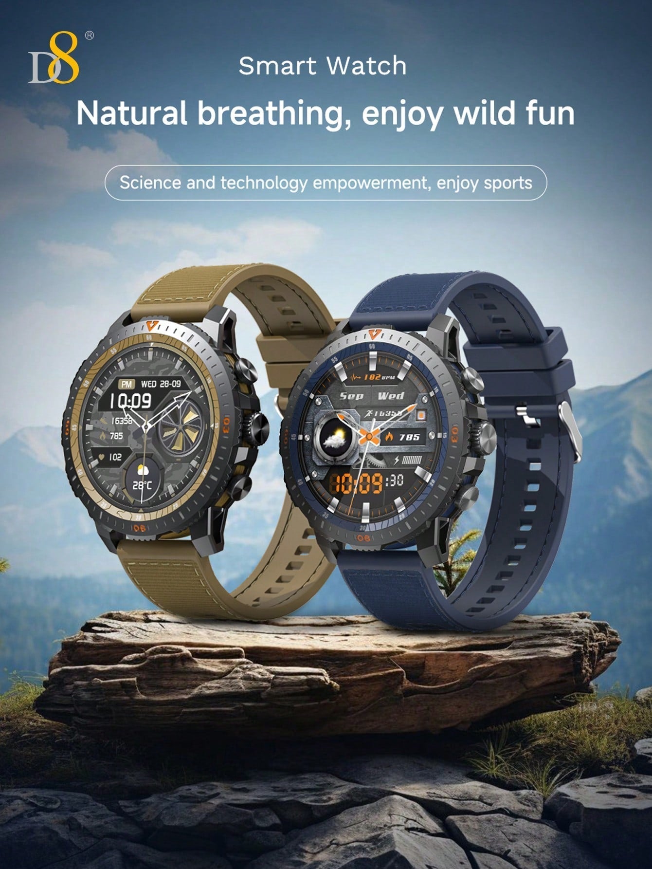D8 Men's Rugged Smartwatch, 25-Day Battery, 1.43" AMOLED, IP67, 100 Sports