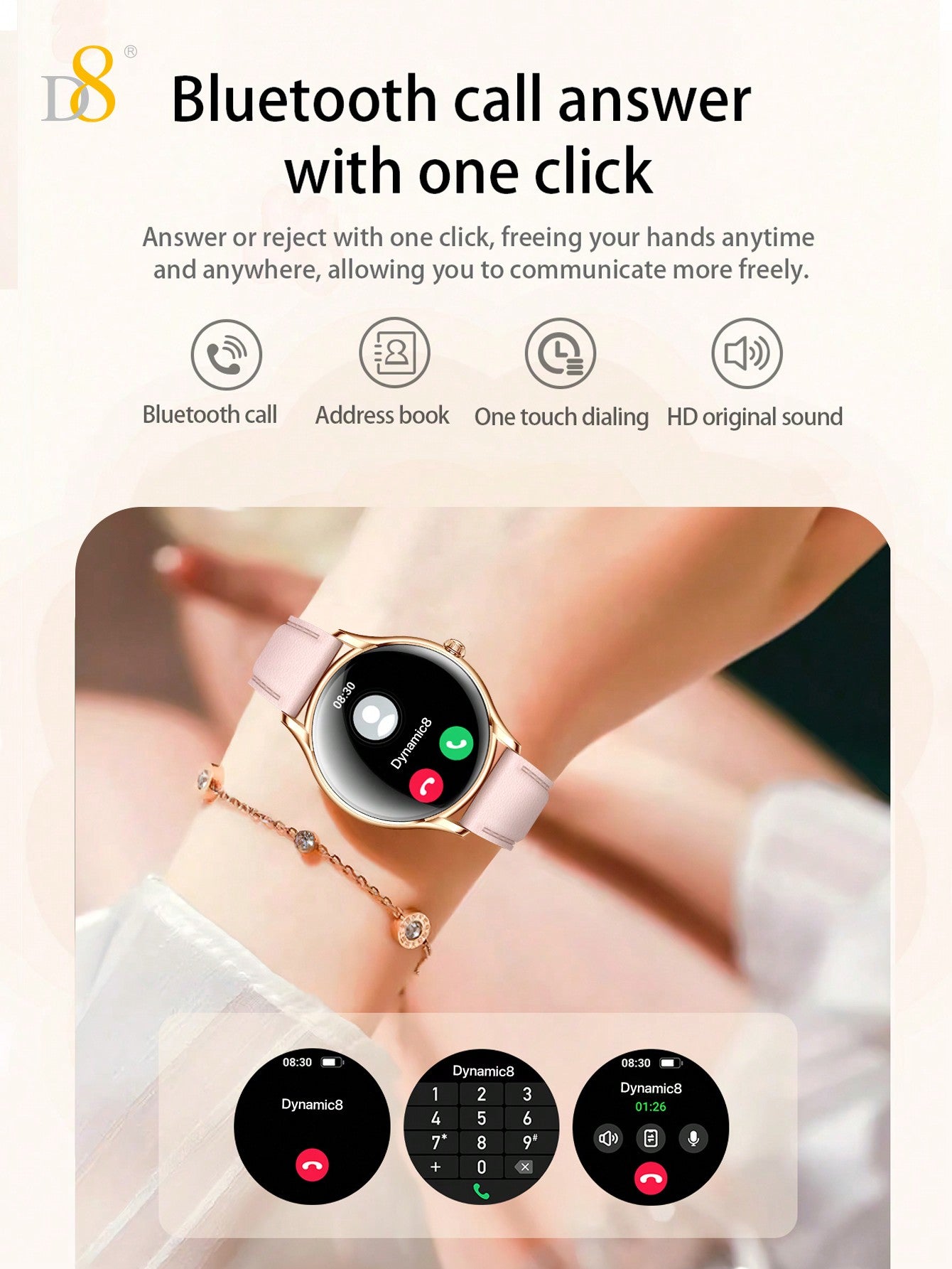 D8 Women's Smartwatch, 1.43" AMOLED, Calls, Fitness Tracker, 100+ Sports