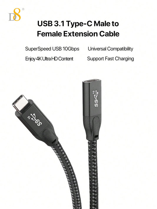 D8 USB 3.1 Type-C Male to Female Extension Cable – 10Gbps SuperSpeed, 4K HD Support, Compatible with iPhone 16 & iPad Pro