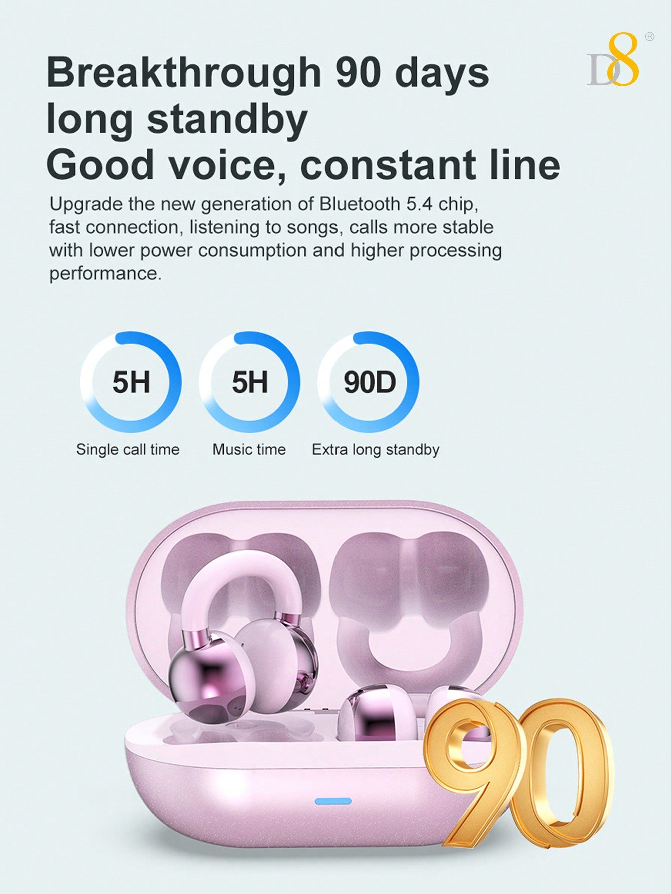 D8 Wireless Open-Ear Headphones, Sport Earhooks, C3 Calling, Sweat-Proof