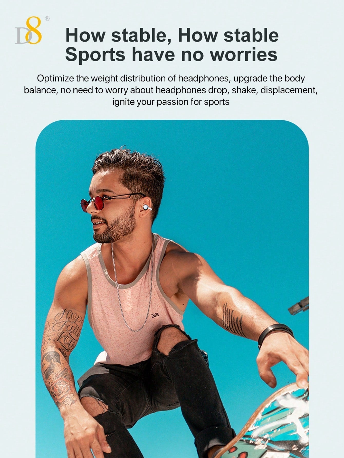 D8 Wireless Open-Ear Headphones, Sport Earhooks, C3 Calling, Sweat-Proof