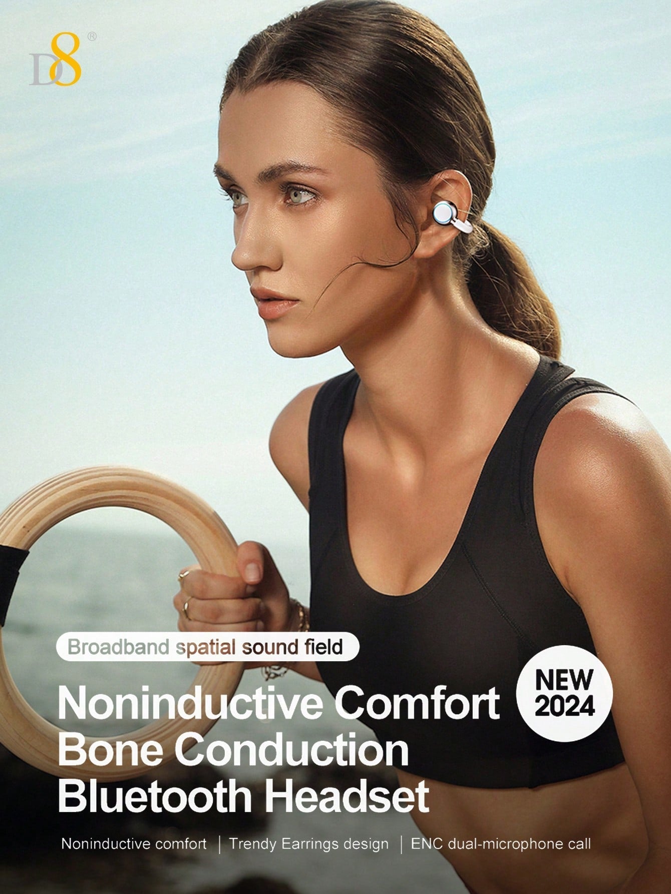 D8 Wireless Open-Ear Headphones, Sport Earhooks, C3 Calling, Sweat-Proof