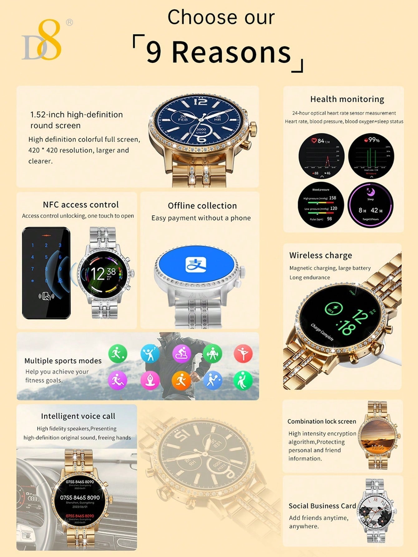 D8 Gold Smartwatch: 1.52” Touch Screen, Calls & Fitness Tracker