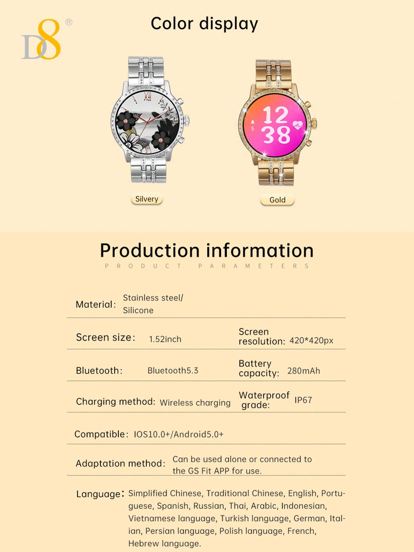 D8 Gold Smartwatch: 1.52” Touch Screen, Calls & Fitness Tracker