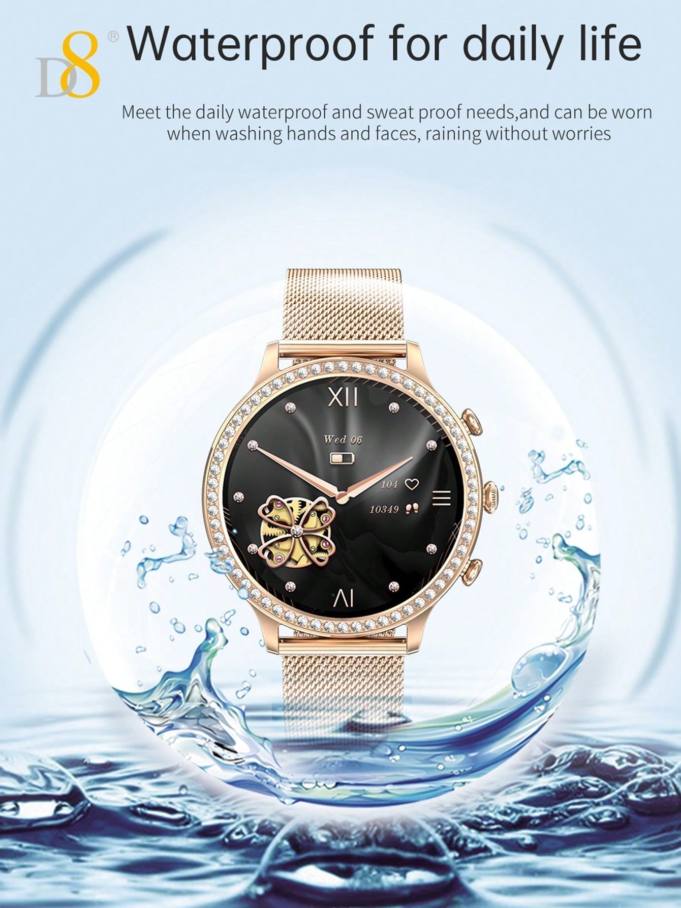 D8 Women's Smartwatch, 1.32", IP68 Waterproof, Diamond Bezel, 100+ Sports