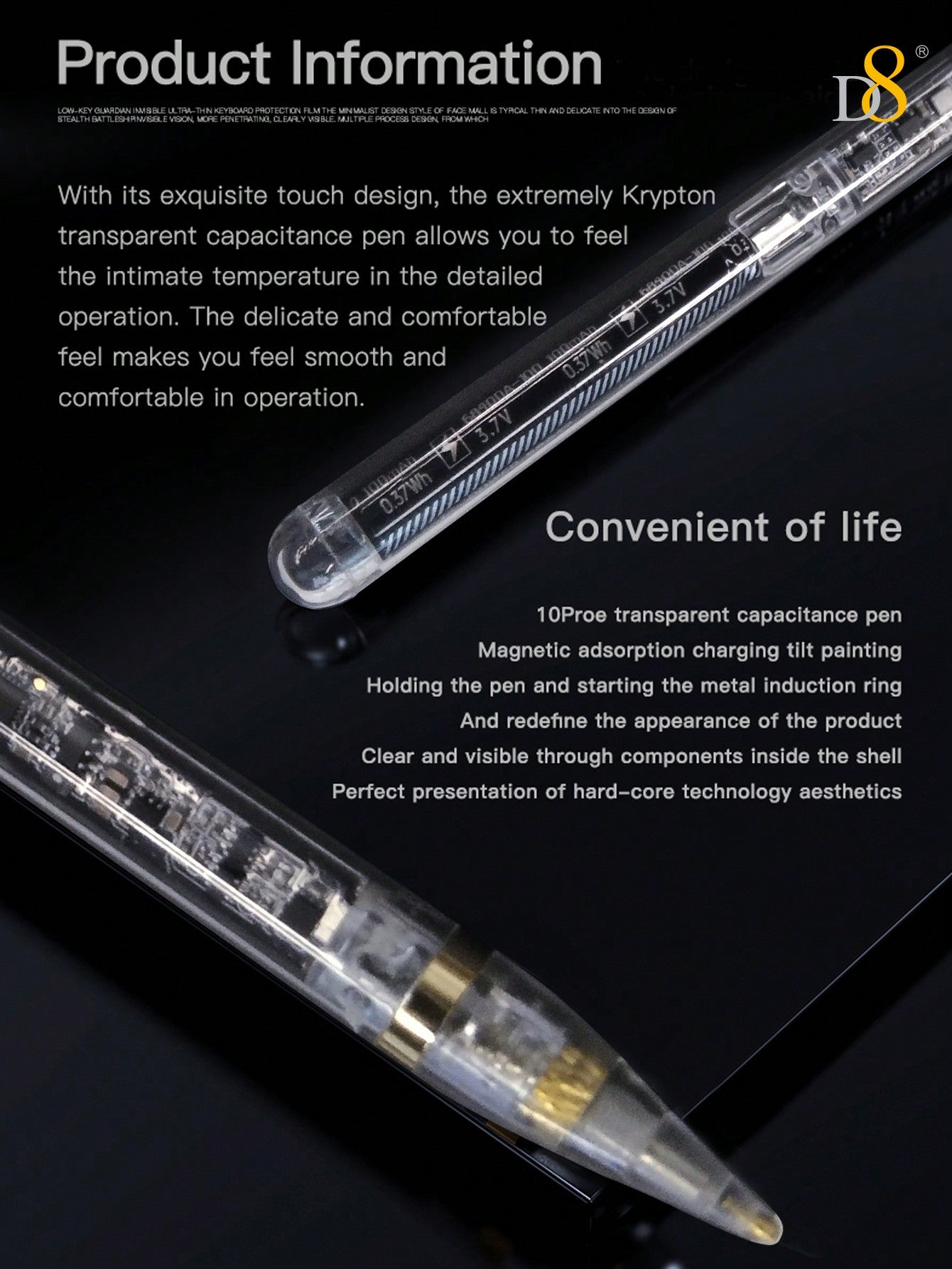 D8 Transparent iPad Stylus Pen - Magnetic Wireless Charging, Tilt, Palm Rejection