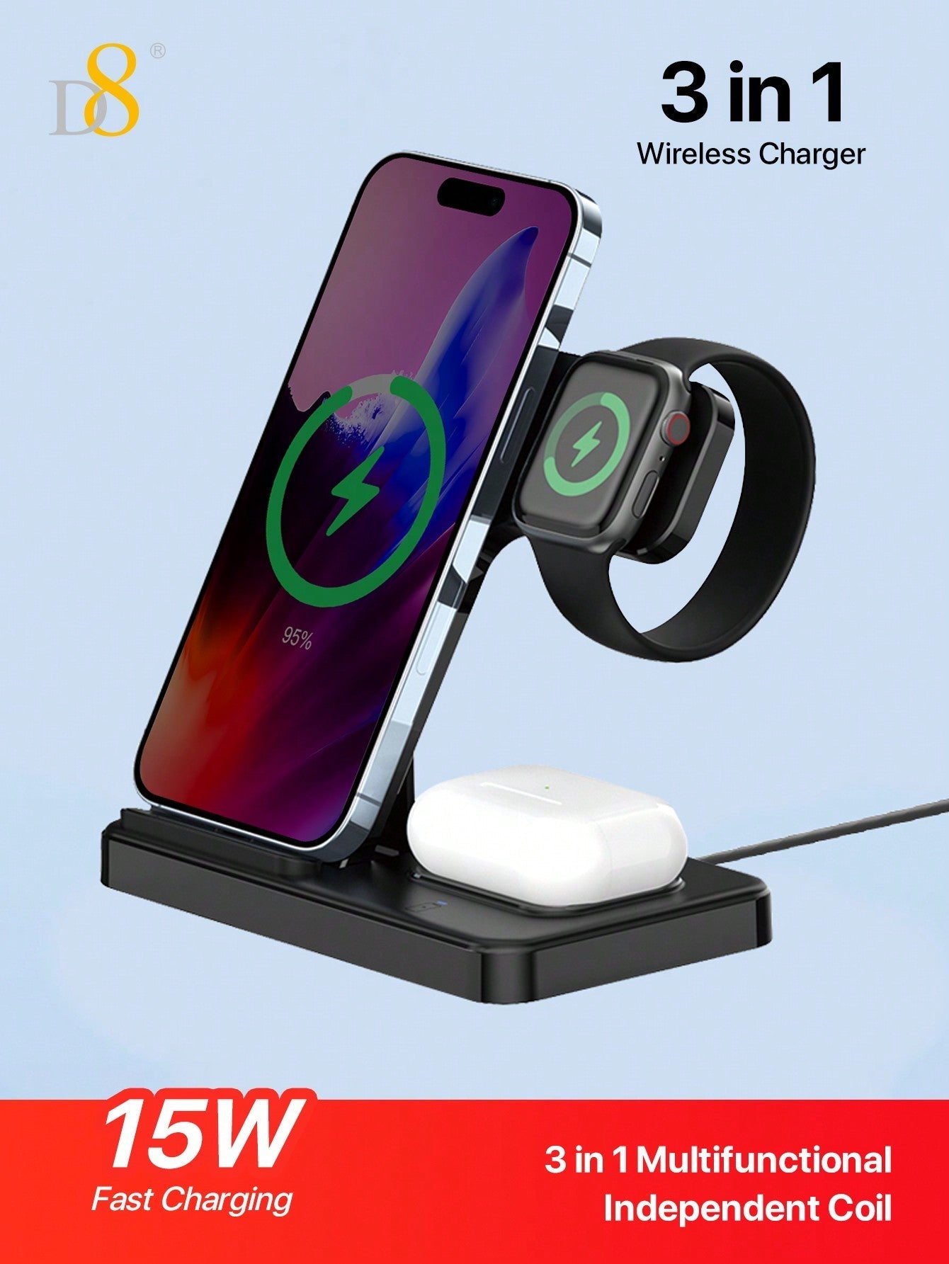 D8 3-in-1 Wireless Charger, for iPhone/Watch/AirPods, Ideal Gift Station