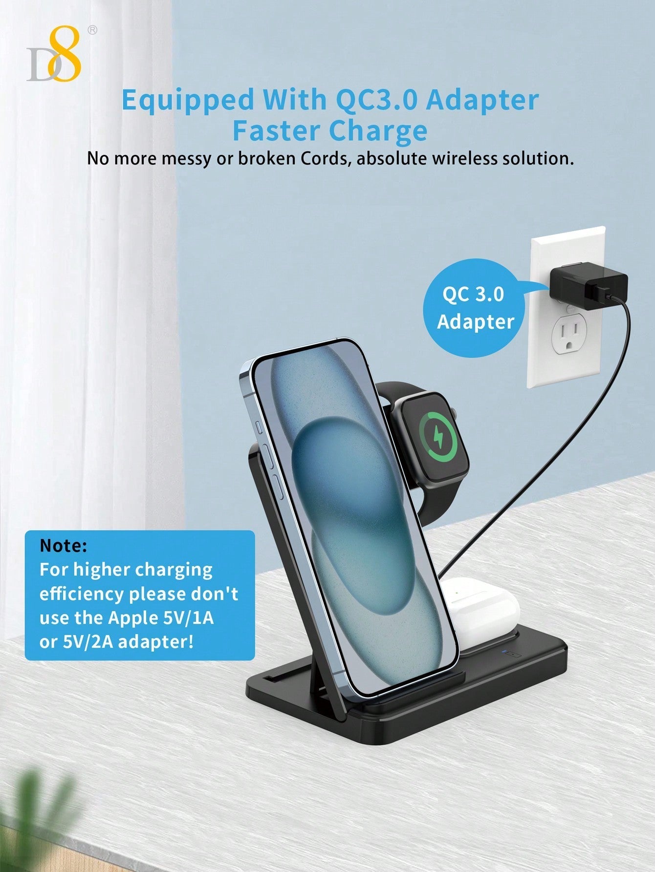 D8 3-in-1 Wireless Charger, for iPhone/Watch/AirPods, Ideal Gift Station