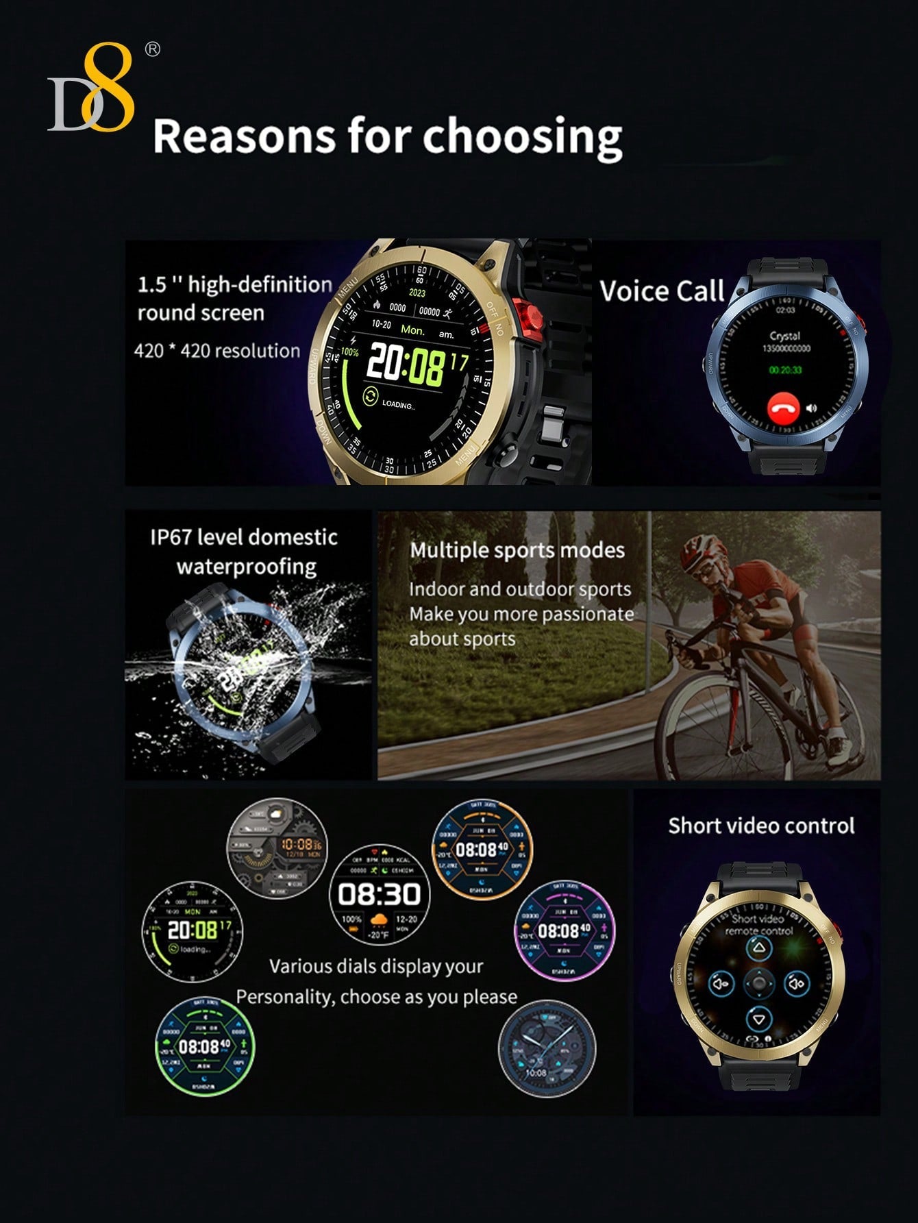 D8 1.5" Smartwatch for Men, IP67 Waterproof, 100+ Sport Modes, Fitness Call