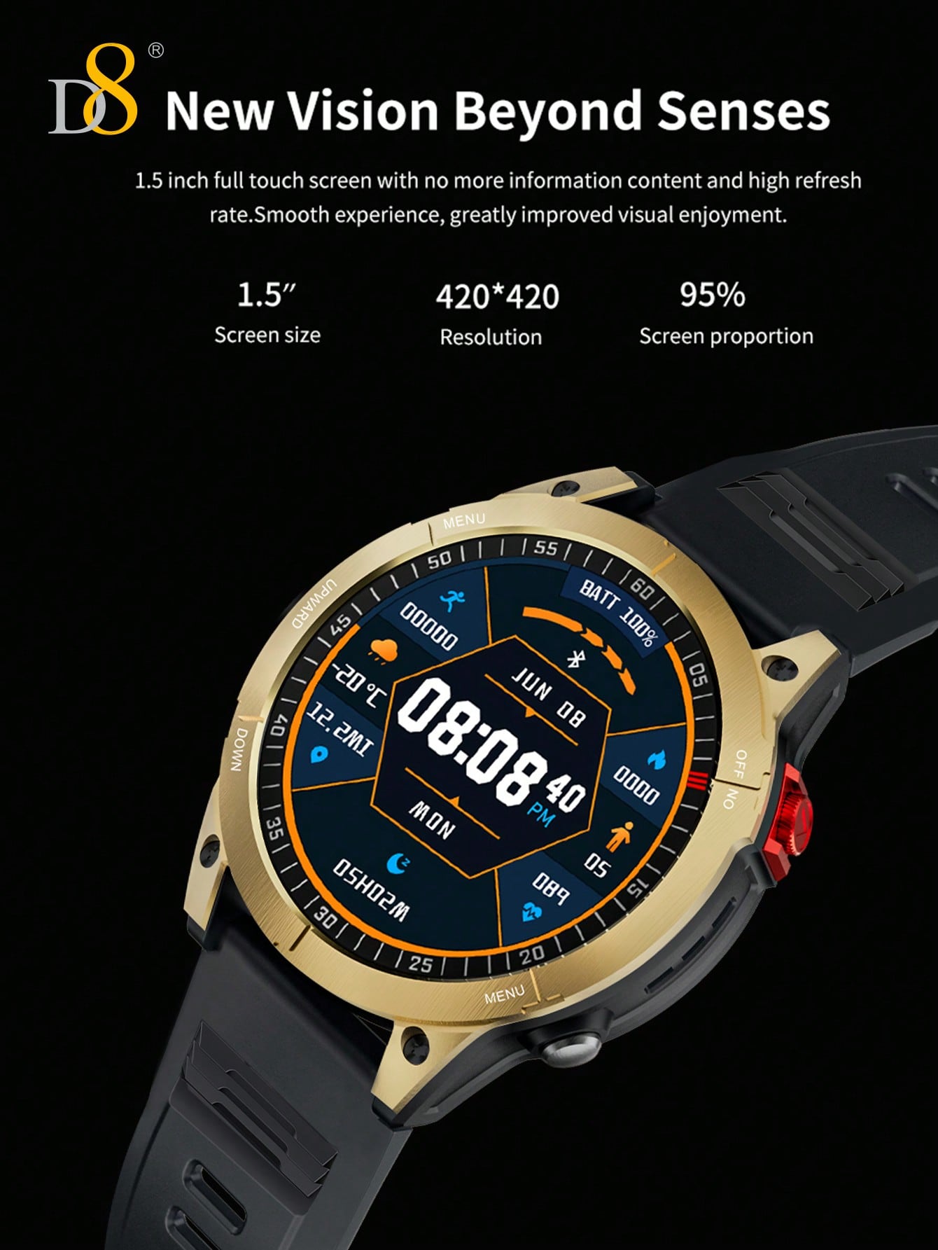 D8 1.5" Smartwatch for Men, IP67 Waterproof, 100+ Sport Modes, Fitness Call