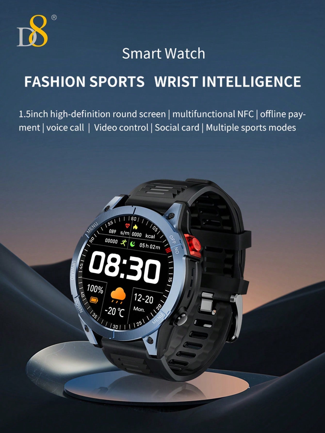 D8 1.5" Smartwatch for Men, IP67 Waterproof, 100+ Sport Modes, Fitness Call
