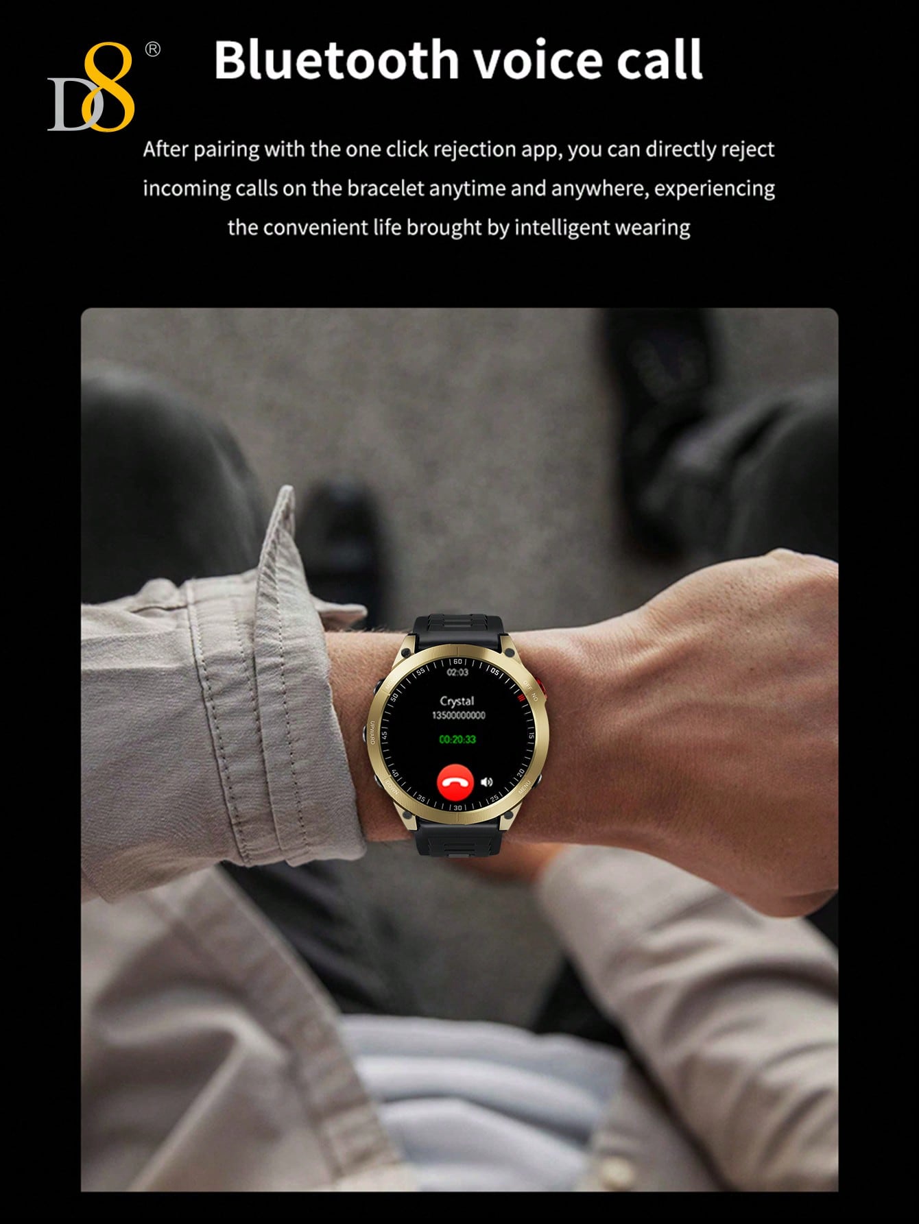 D8 1.5" Smartwatch for Men, IP67 Waterproof, 100+ Sport Modes, Fitness Call