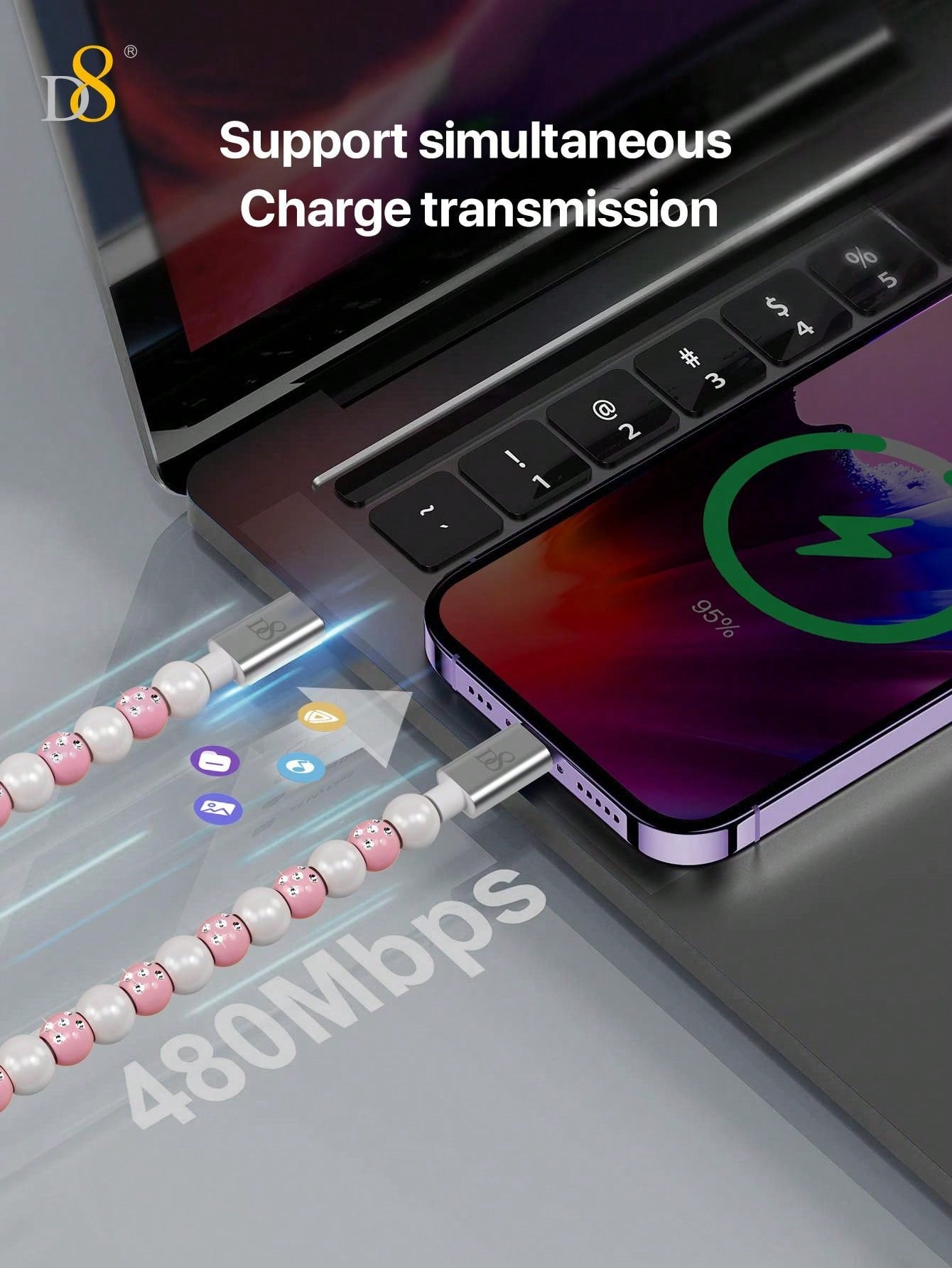 D8 USB C to Type C Cable – 3.3ft PD 60W Fast Charging, Beaded Braided Cord, Compatible with iPhone 15, iPad Pro, Galaxy S22