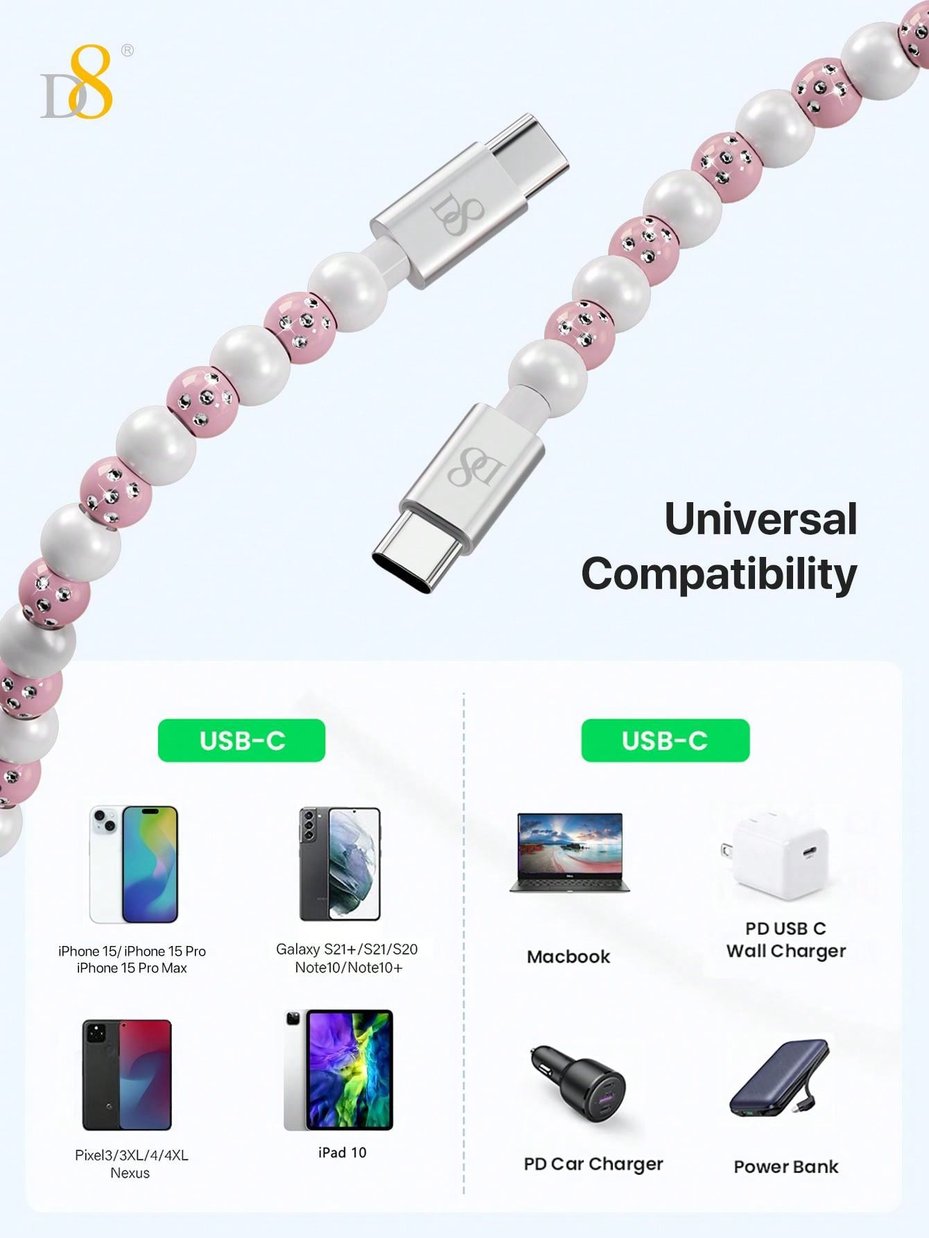 D8 USB C to Type C Cable – 3.3ft PD 60W Fast Charging, Beaded Braided Cord, Compatible with iPhone 15, iPad Pro, Galaxy S22