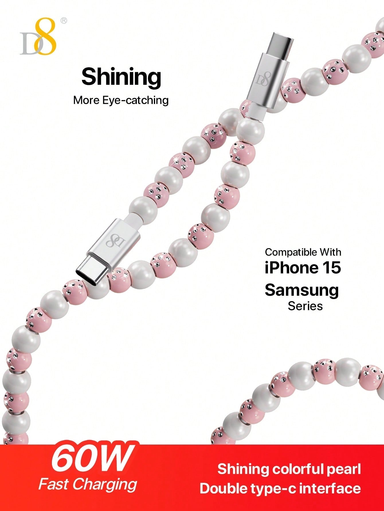 D8 USB C to Type C Cable – 3.3ft PD 60W Fast Charging, Beaded Braided Cord, Compatible with iPhone 15, iPad Pro, Galaxy S22