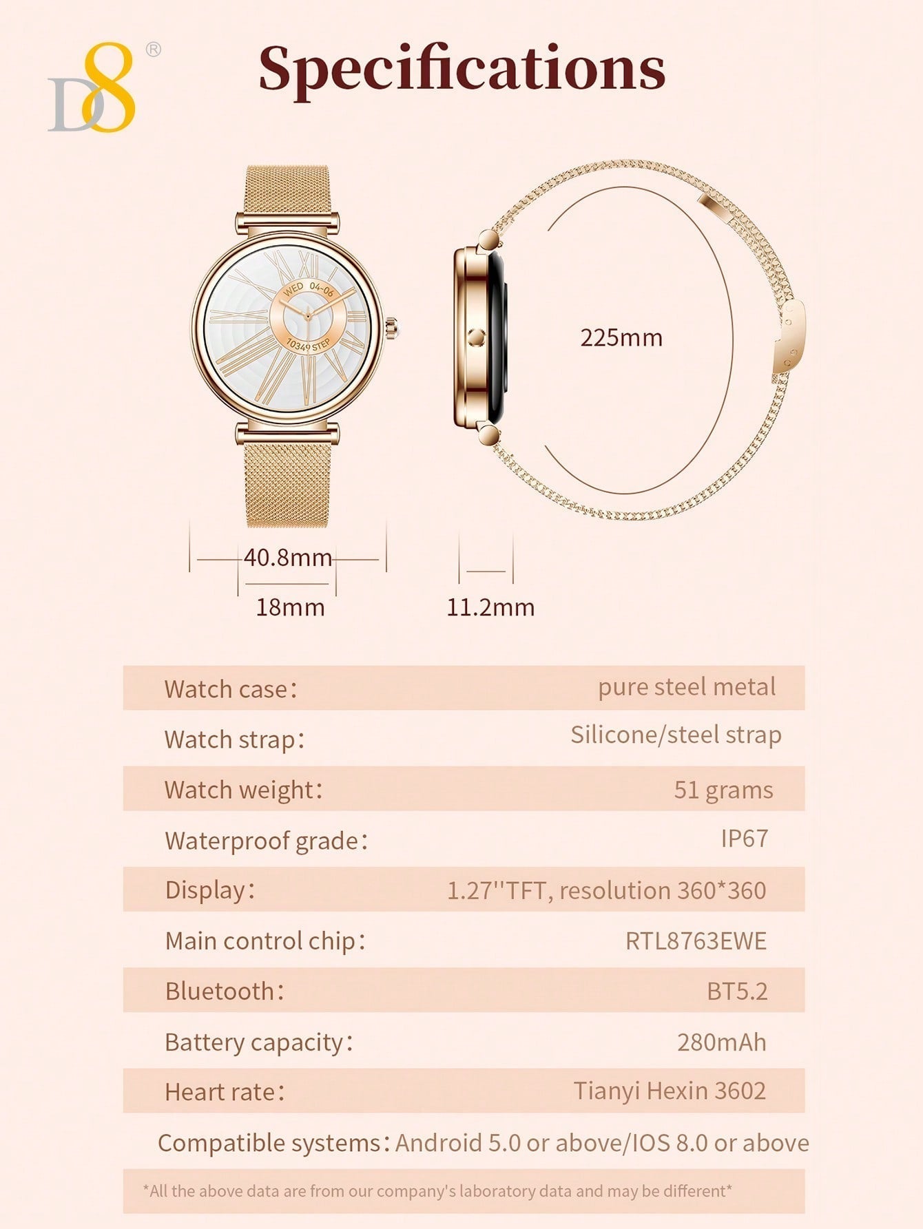 D8 Women's Smartwatch, 1.27" TFT, Calls, IP67, 100+ Sports, Heart Monitor
