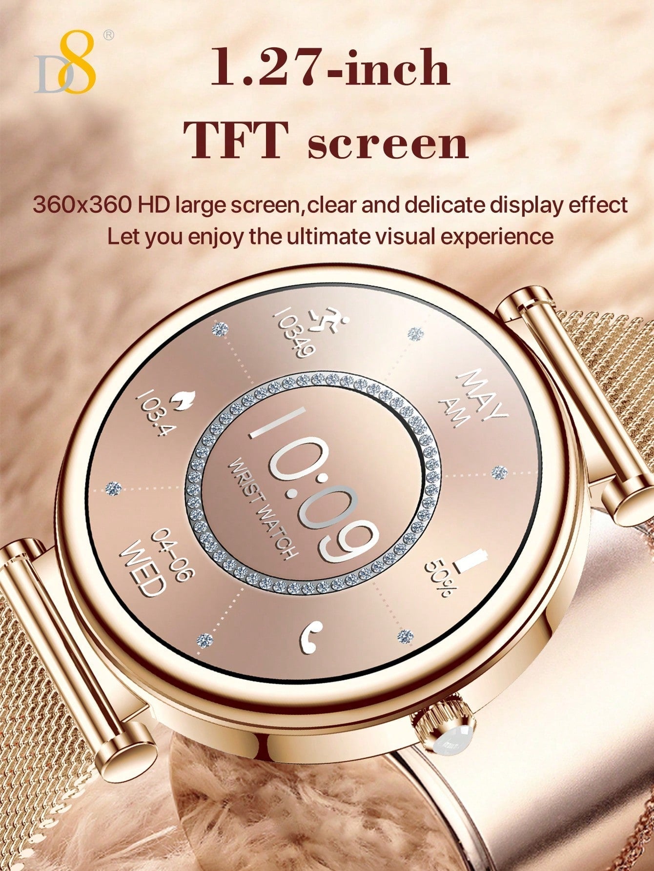 D8 Women's Smartwatch, 1.27" TFT, Calls, IP67, 100+ Sports, Heart Monitor