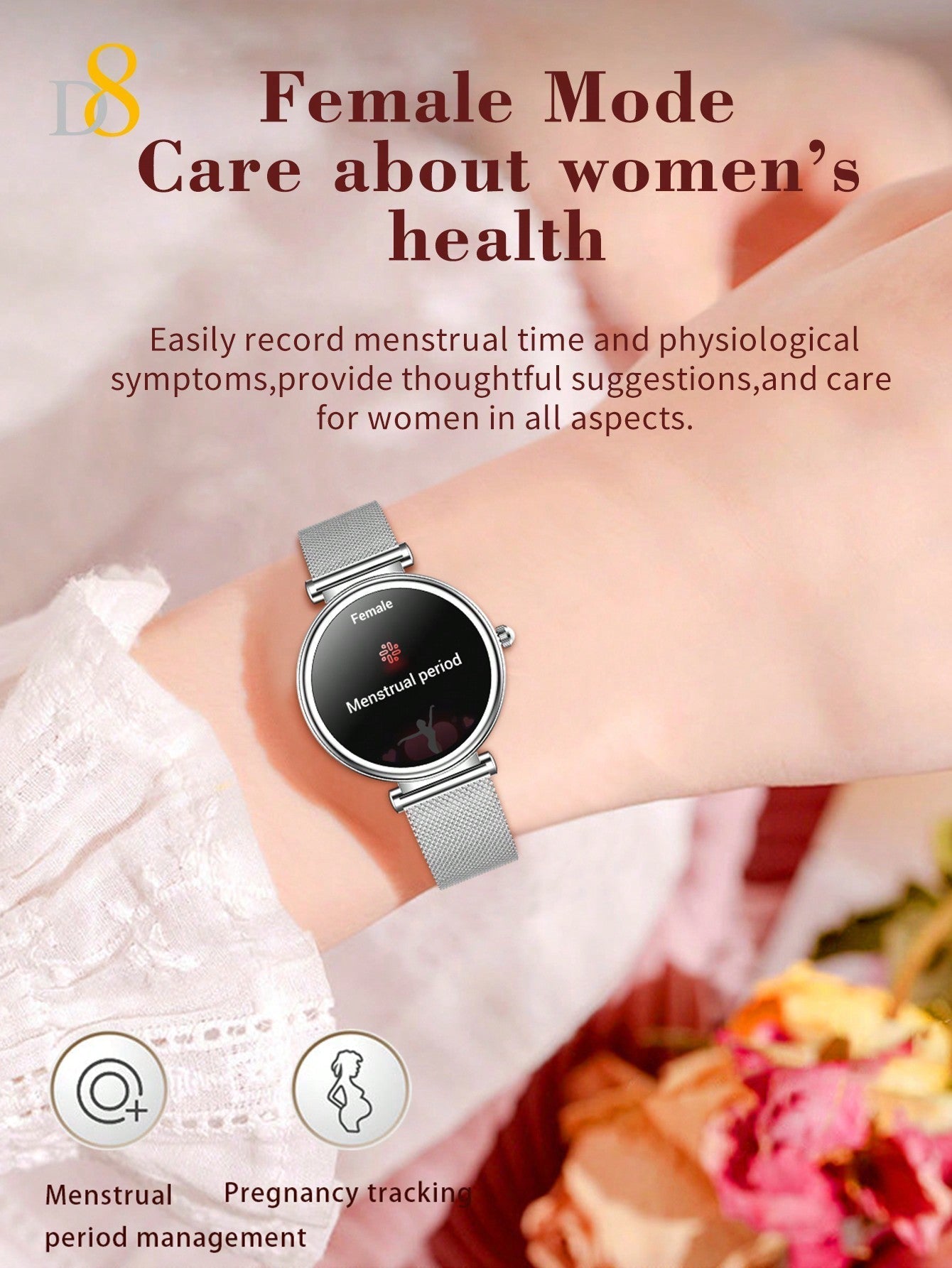D8 Women's Smartwatch, 1.27" TFT, Calls, IP67, 100+ Sports, Heart Monitor