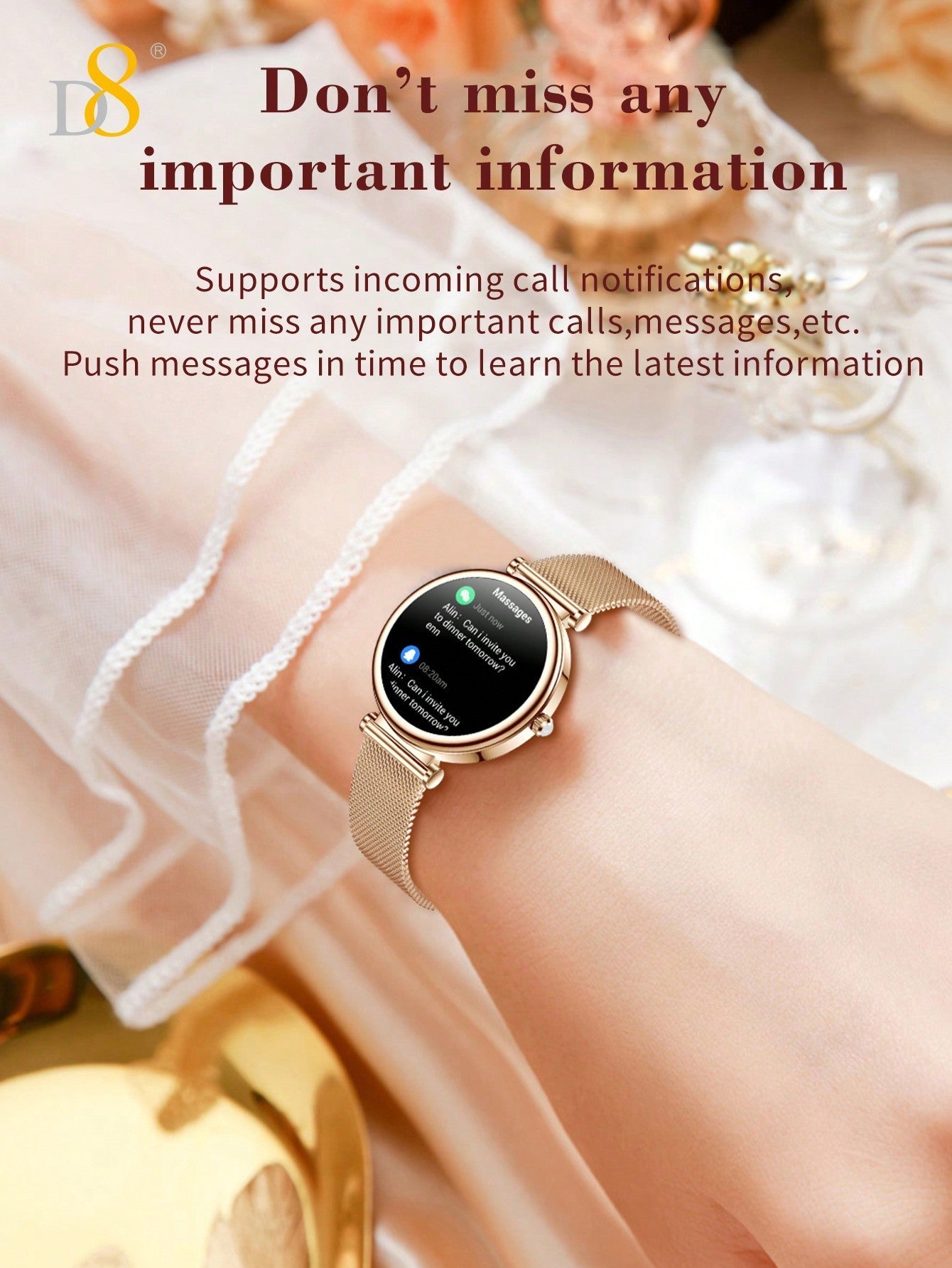 D8 Women's Smartwatch, 1.27" TFT, Calls, IP67, 100+ Sports, Heart Monitor