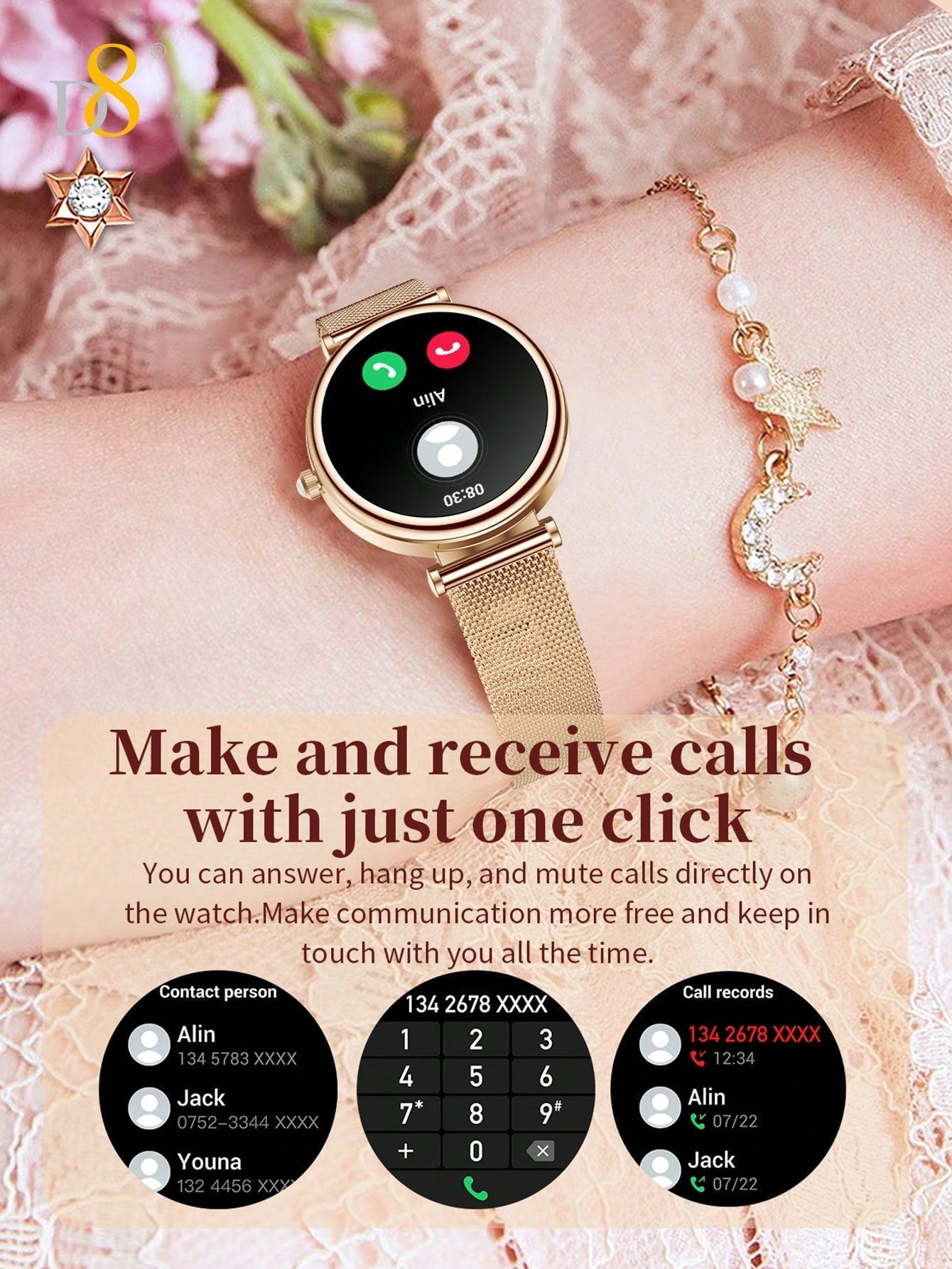 D8 Women's Smartwatch, 1.27" TFT, Calls, IP67, 100+ Sports, Heart Monitor