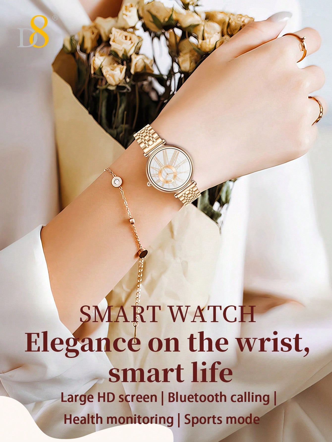 D8 Women's Smartwatch, 1.27" TFT, Calls, IP67, 100+ Sports, Heart Monitor