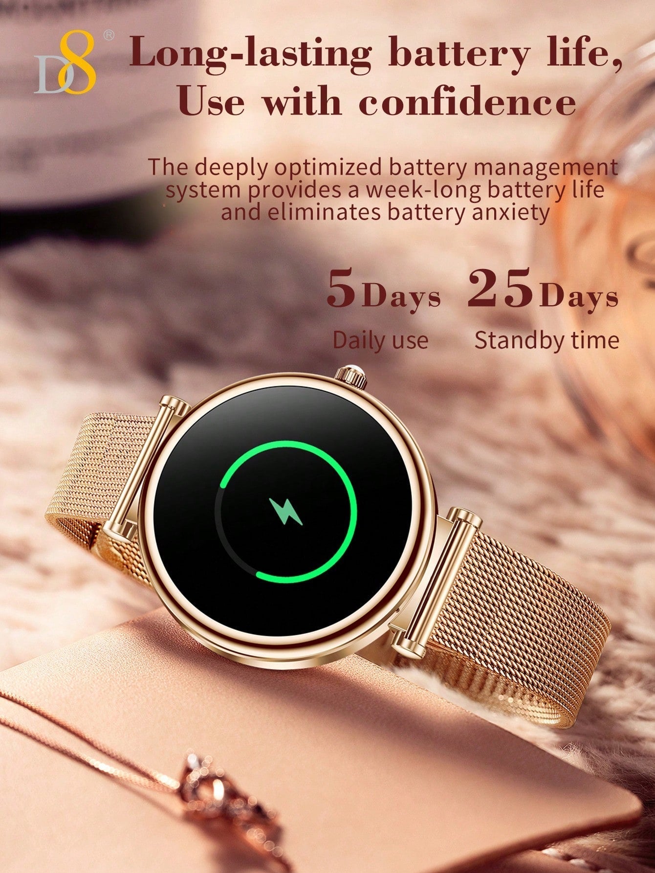 D8 Women's Smartwatch, 1.27" TFT, Calls, IP67, 100+ Sports, Heart Monitor