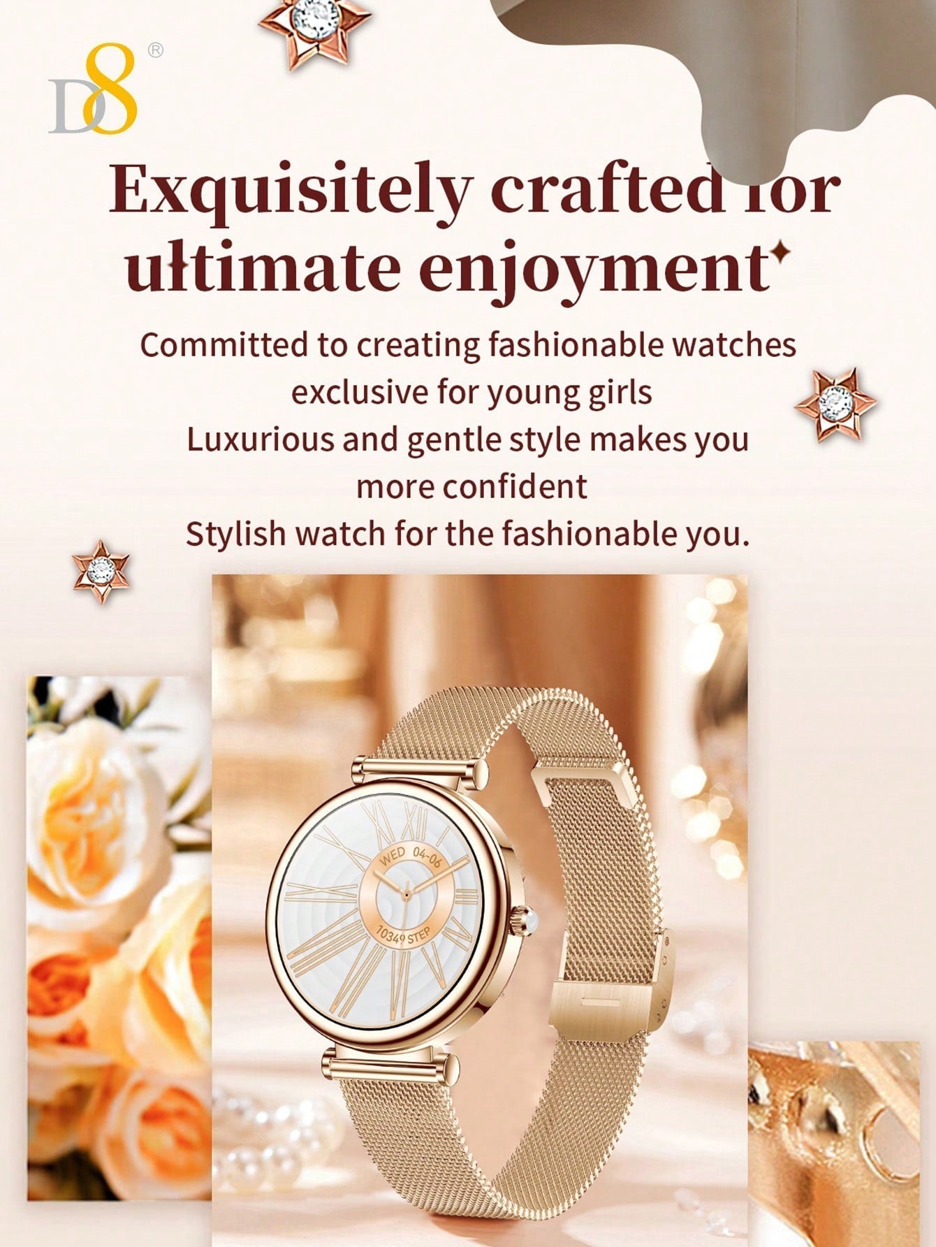 D8 Women's Smartwatch, 1.27" TFT, Calls, IP67, 100+ Sports, Heart Monitor