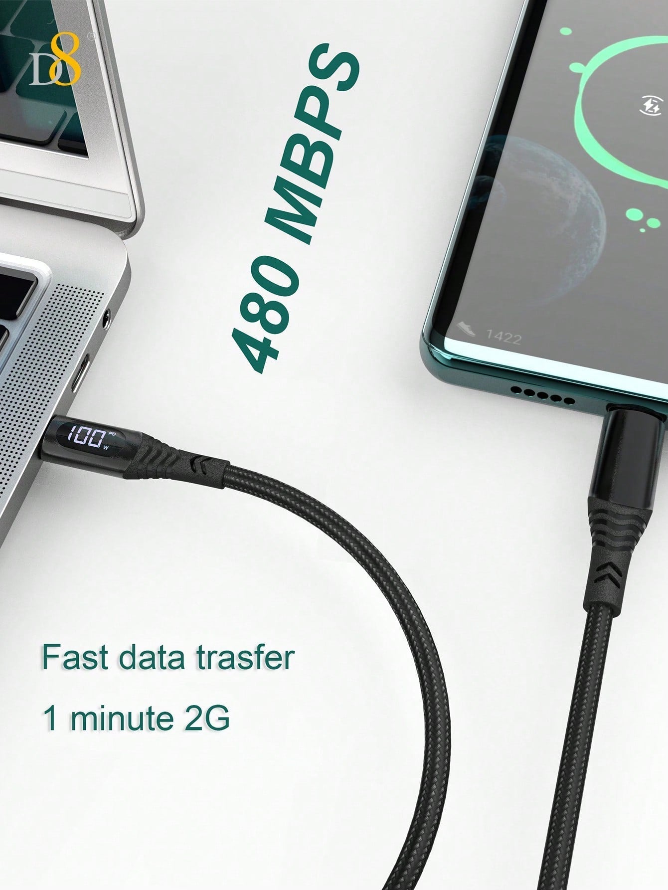 D8 1.2M Nylon USB-C Cable, 100W/5A Fast Charge with LED for iPhone/Galaxy