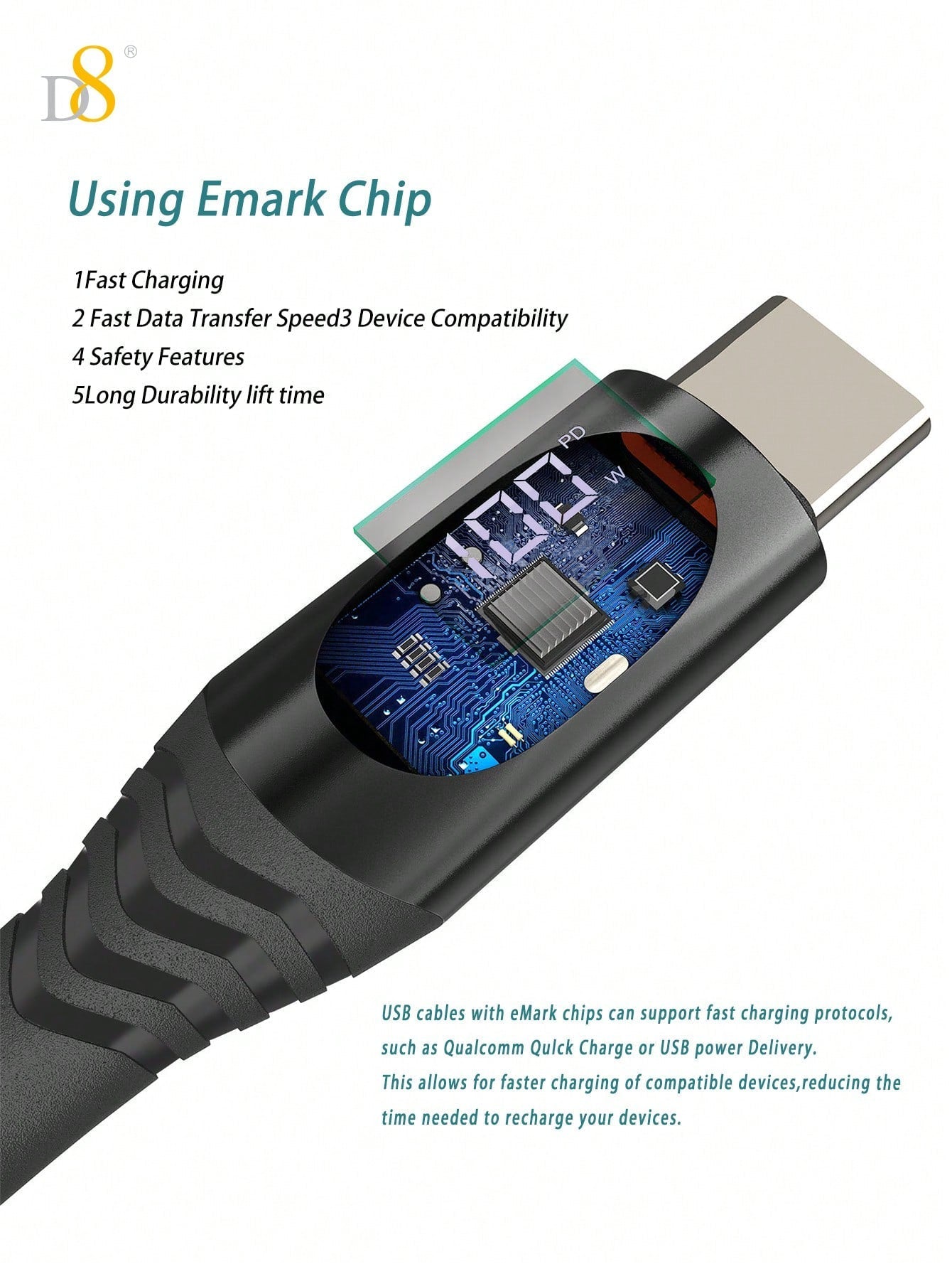 D8 1.2M Nylon USB-C Cable, 100W/5A Fast Charge with LED for iPhone/Galaxy
