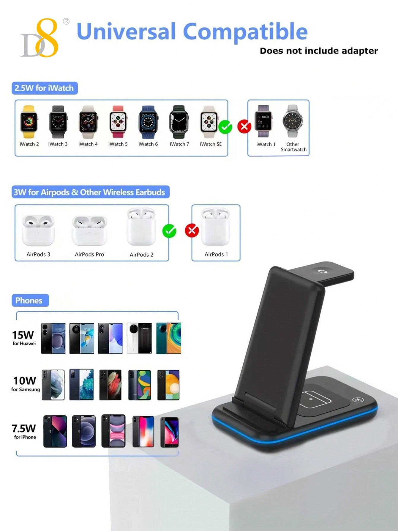 D8 3-in-1 Wireless Charger, Fast Charging Dock for iPhone/Watch/AirPods