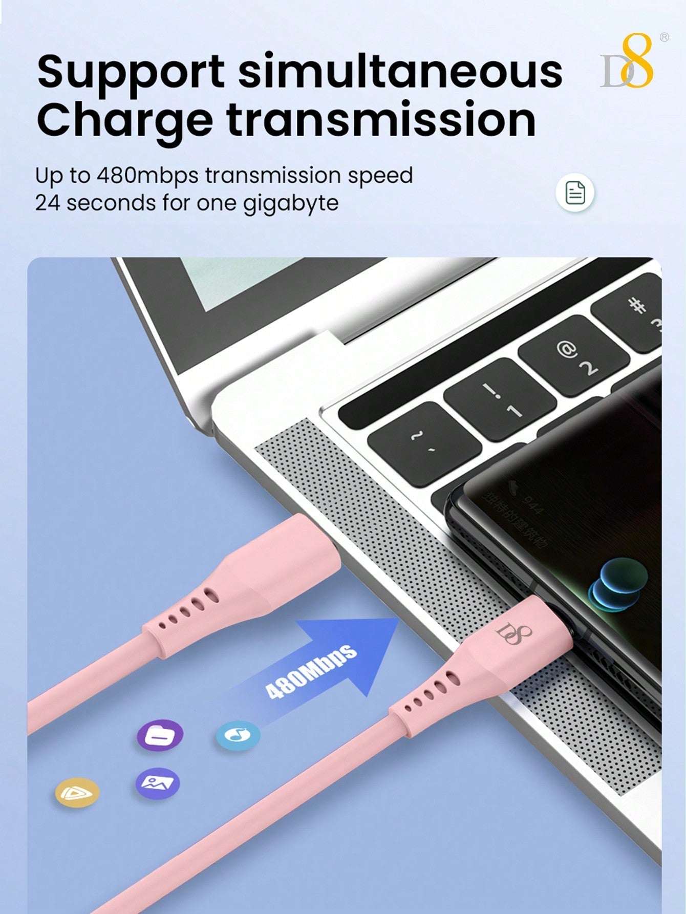 D8 USB C To USB C Cable, Soft Silicone USB C Cord, (1M)USB 2.0 Type C Charger Cable 3A Fast Charging Compatible With Macbook