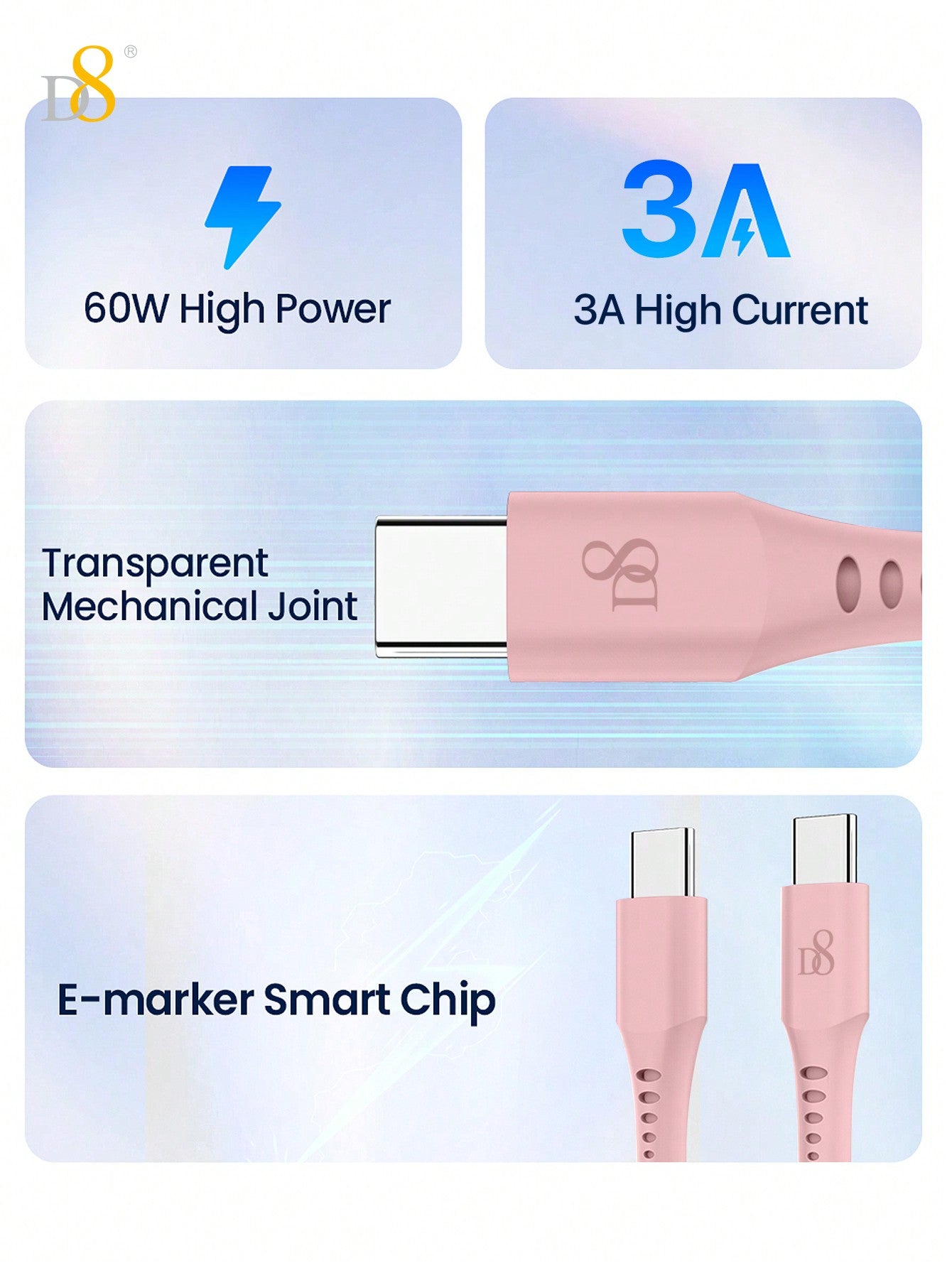 D8 USB C To USB C Cable, Soft Silicone USB C Cord, (1M)USB 2.0 Type C Charger Cable 3A Fast Charging Compatible With Macbook