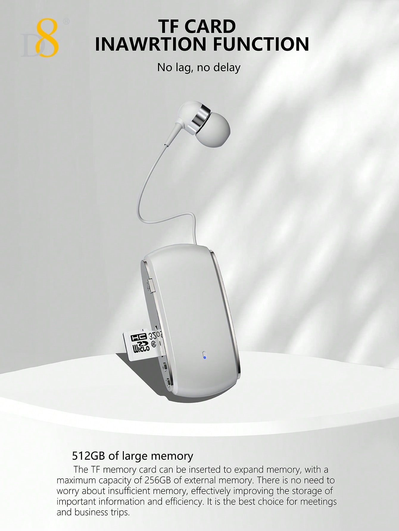 D8 Retractable Wireless Headset, V5.3 Noise Cancelling, 12Hrs Talk Time