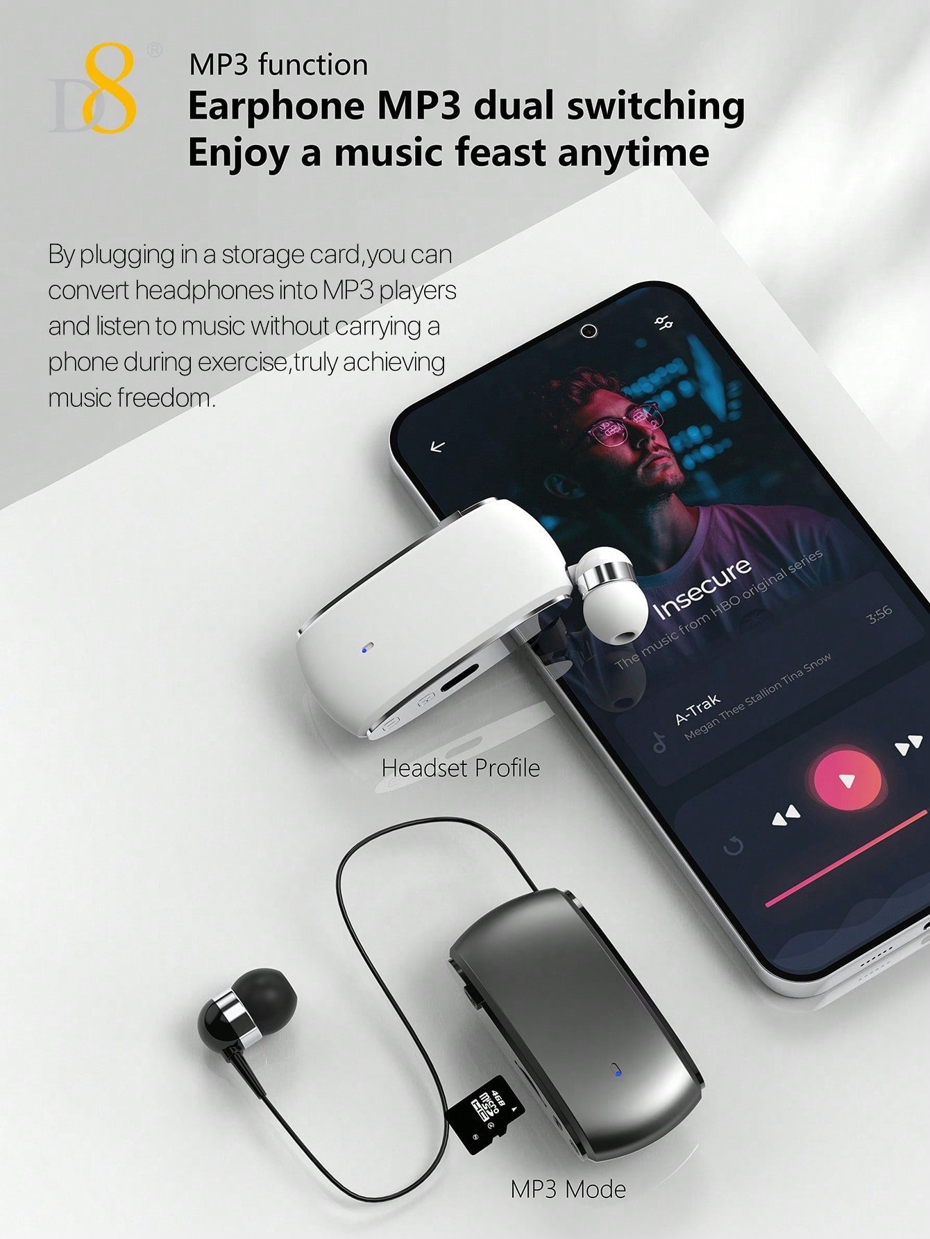 D8 Retractable Wireless Headset, V5.3 Noise Cancelling, 12Hrs Talk Time