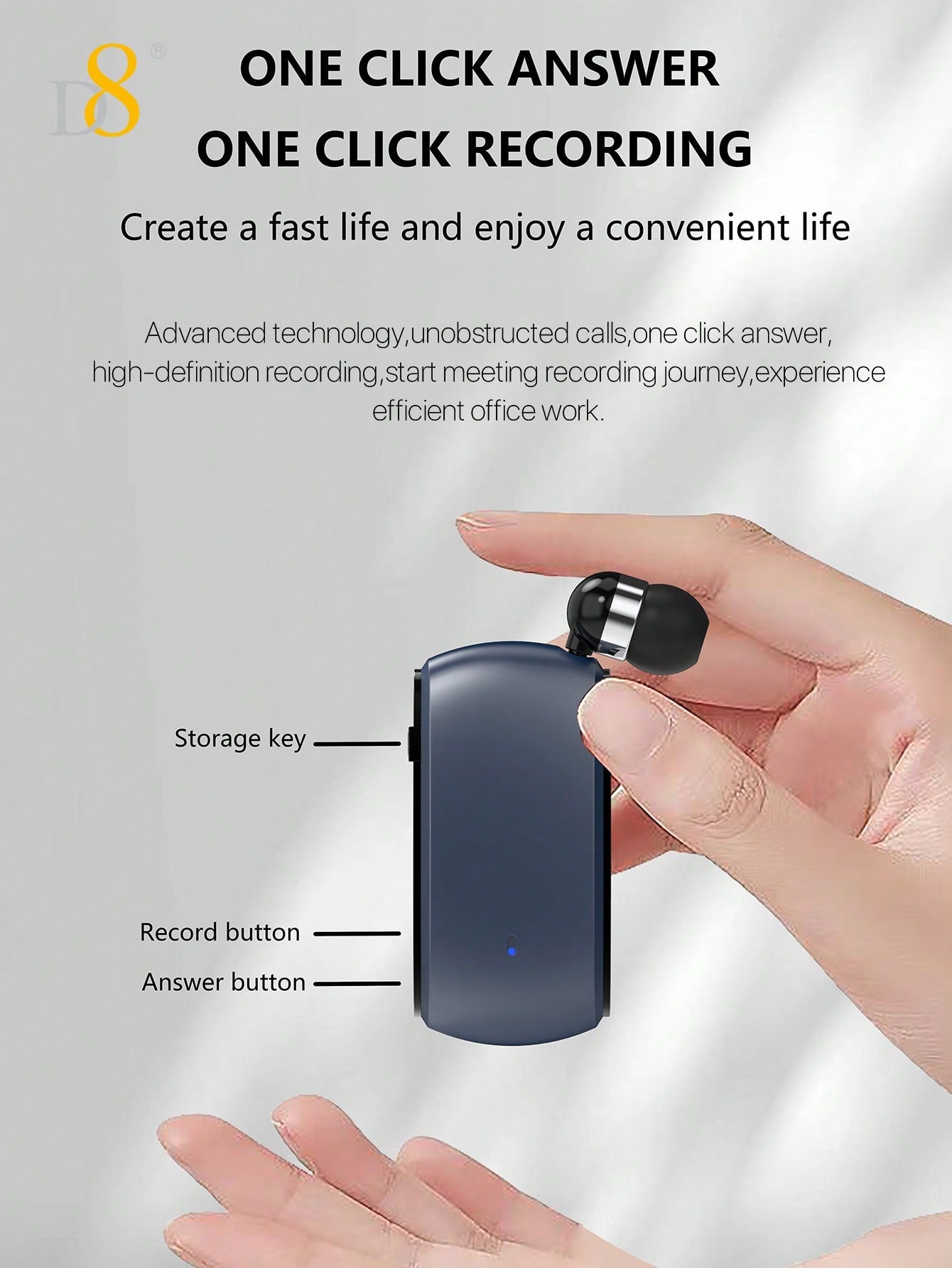 D8 Retractable Wireless Headset, V5.3 Noise Cancelling, 12Hrs Talk Time